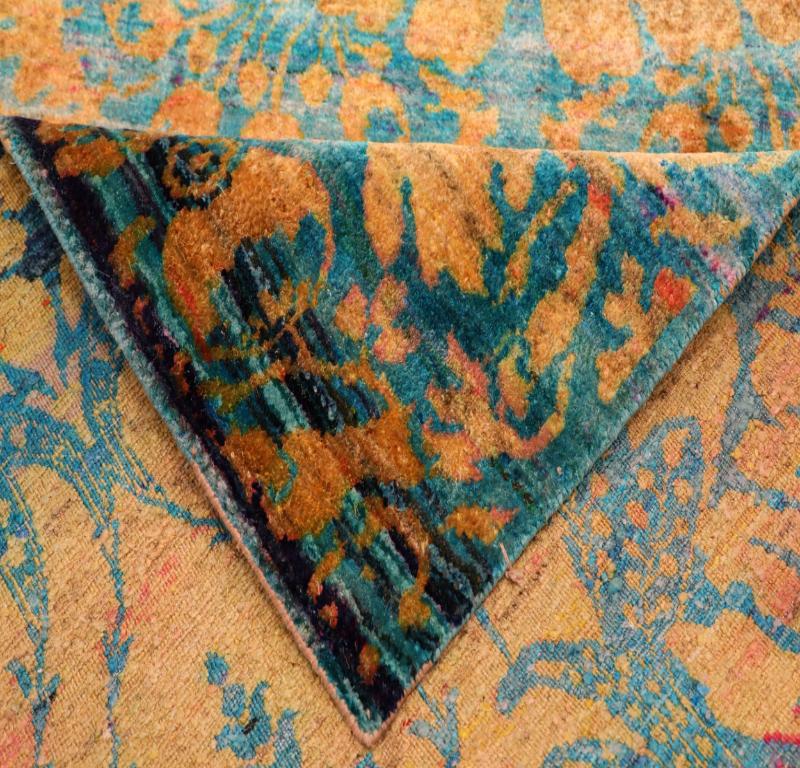 Indiano Tappeto Runner in seta Sari dell'India - Disegno in lana blu arancione giallo - 94263 in vendita