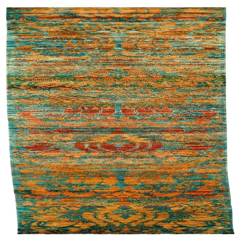 Tappeto Runner in seta Sari dell'India - Disegno in lana blu arancione giallo - 94263 in vendita