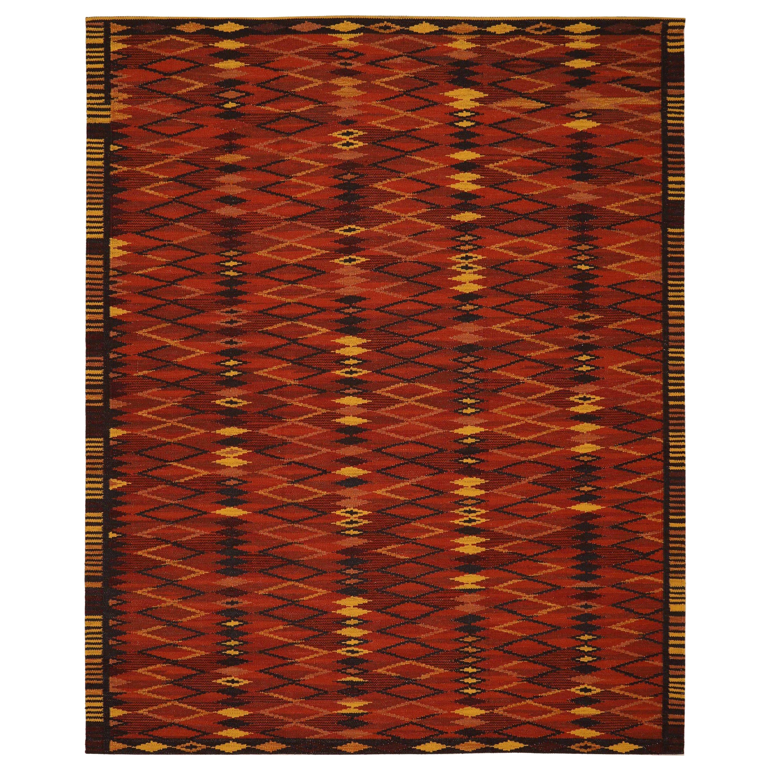 Inde Tapis de sol scandinave Circa 1990 - Laine Noir Rose Rouge Jaune - 92378 en vente