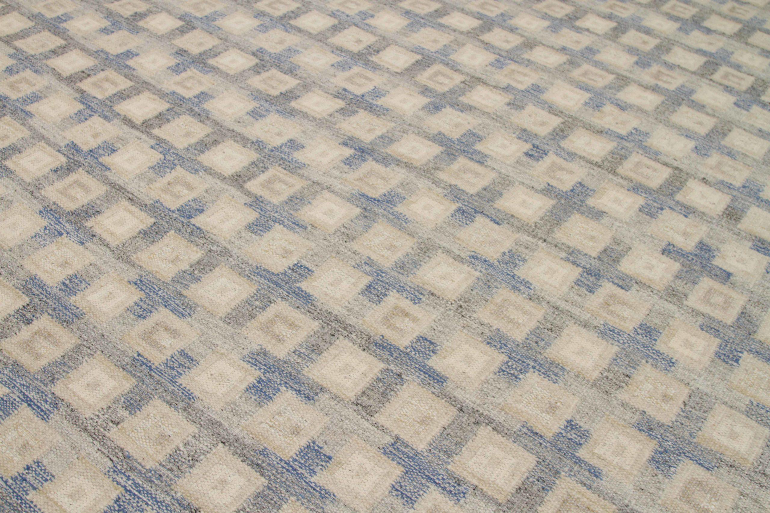 India Alfombras Escandinavas Circa 1990 - Lana Azul Diseño Marfil - 92382 Moderno en venta
