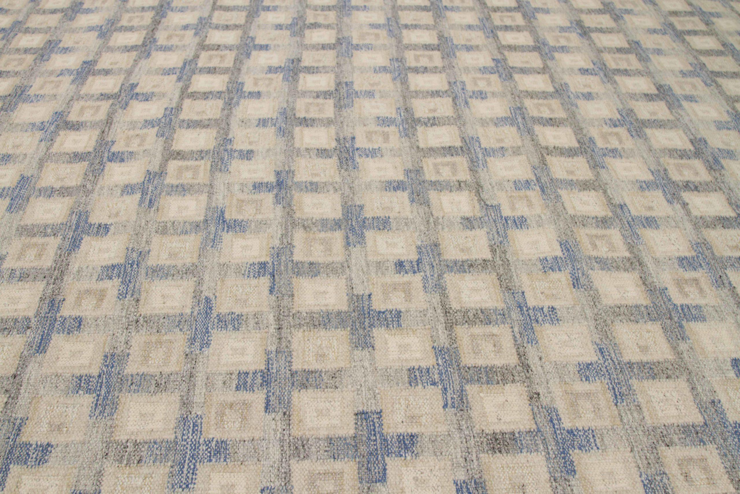 India Alfombras Escandinavas Circa 1990 - Lana Azul Diseño Marfil - 92382 Indio en venta