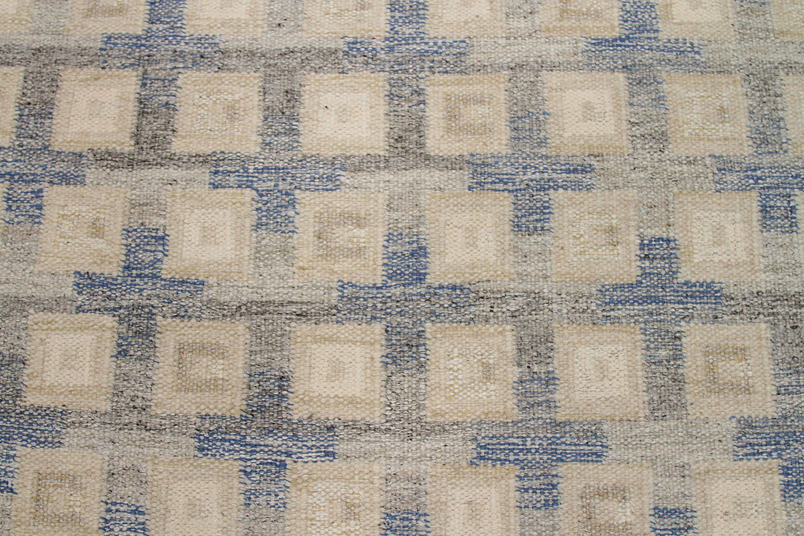 India Alfombras Escandinavas Circa 1990 - Lana Azul Diseño Marfil - 92382 en Excelente estado para la venta en Dallas, TX