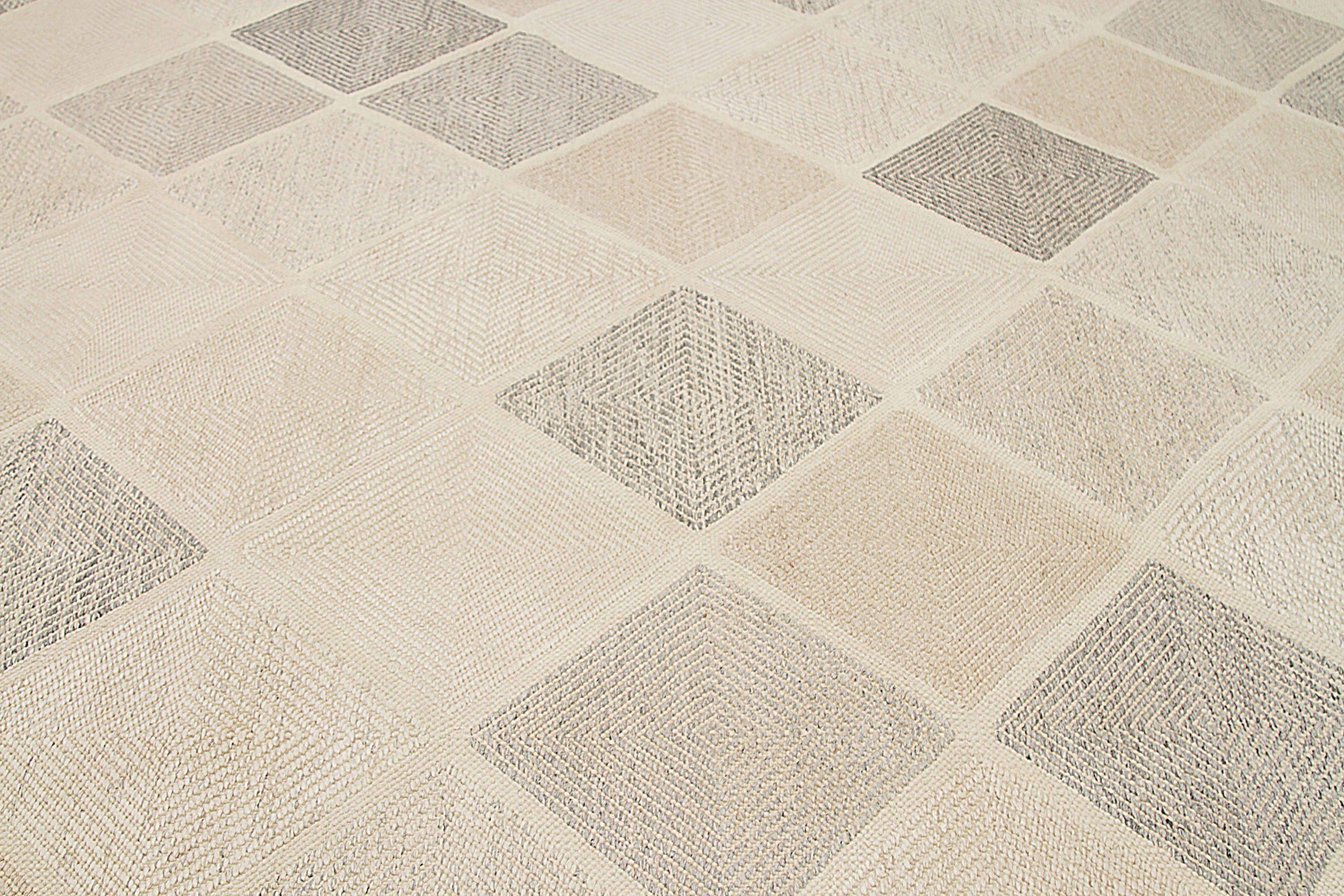 Skandinavische Teppiche aus Indien Circa 1990 - Wolle Grau Elfenbein Design - 92474 (Moderne) im Angebot