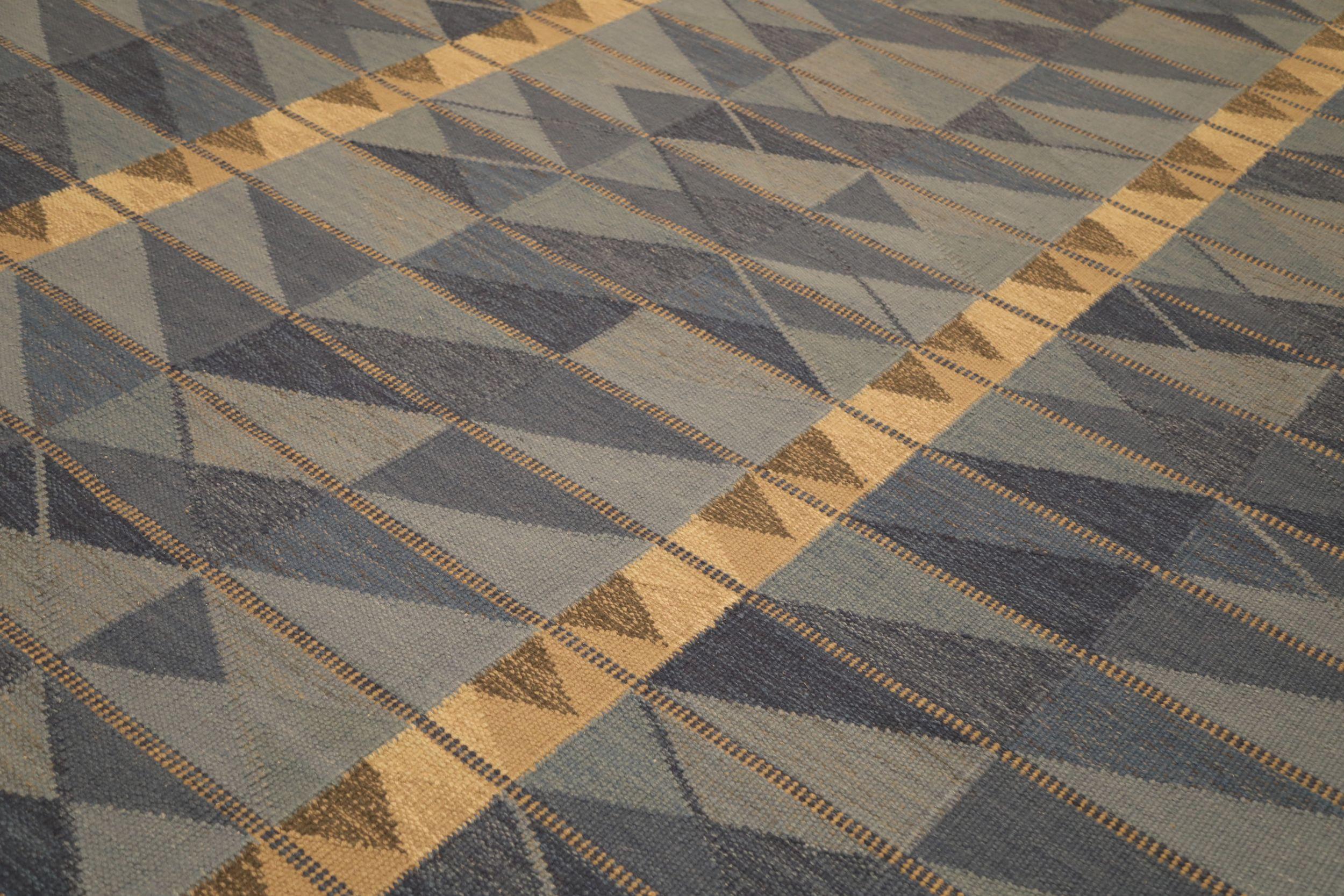 Moderne Tapis scandinaves Inde - Design en laine bleu vert jaune 93778 en vente