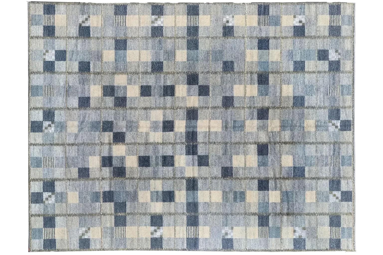 Scandinave moderne Inde Tapis scandinave surdimensionné Circa 1990 - Laine Gris Ivoire Design - 92614 en vente
