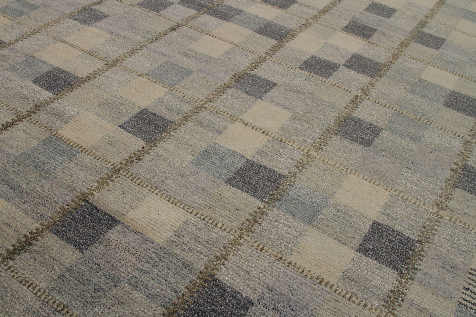 Skandinavischer übergroßer indischer Teppich Circa 1990 - Wolle Grau Elfenbein Design - 92614 (Indisch) im Angebot