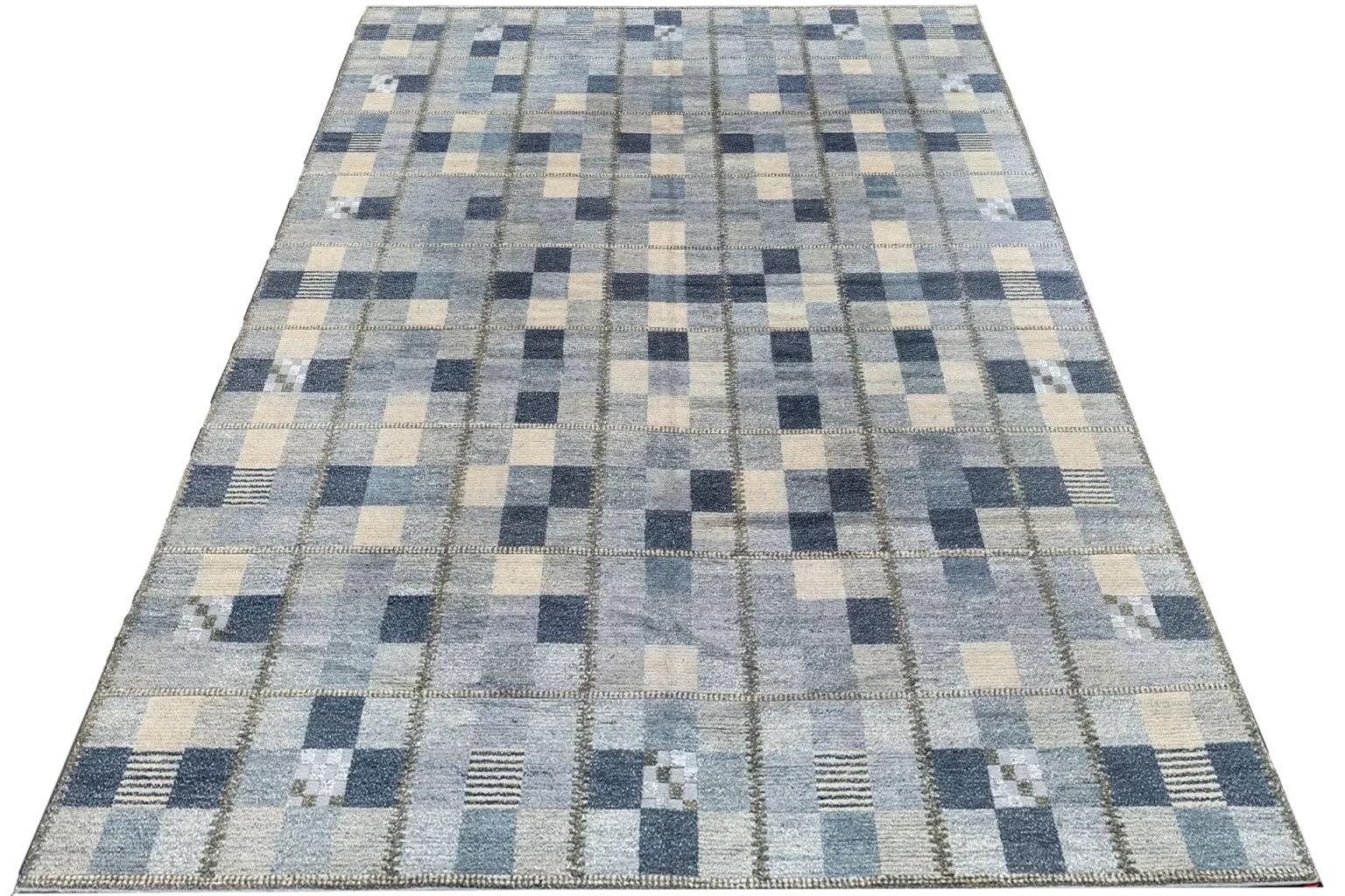 Indien Inde Tapis scandinave surdimensionné Circa 1990 - Laine Gris Ivoire Design - 92614 en vente