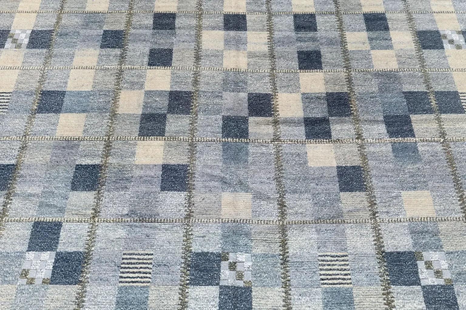 Tissé à la main Inde Tapis scandinave surdimensionné Circa 1990 - Laine Gris Ivoire Design - 92614 en vente