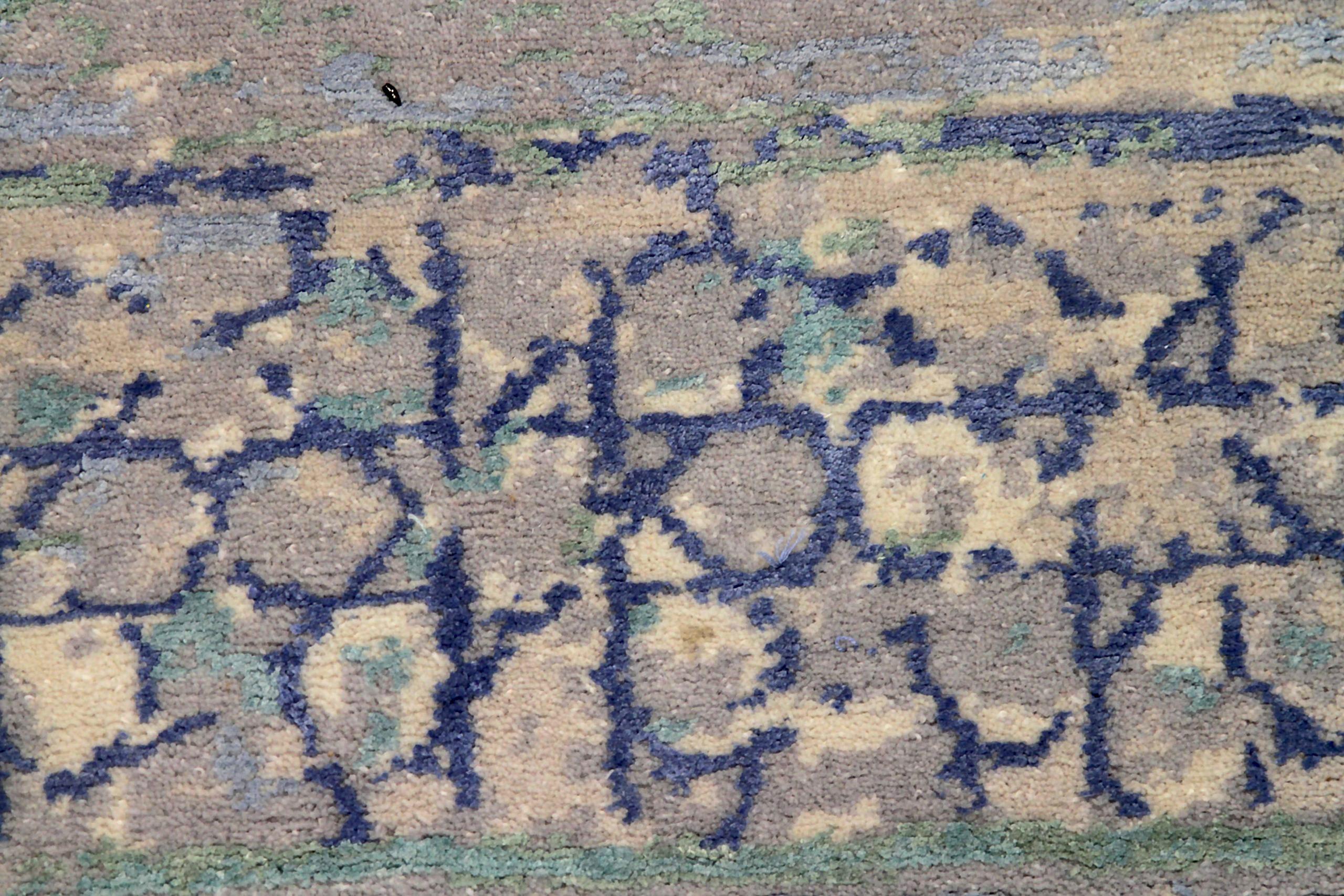 20th Century India Small Rug Circa 1990 - Wool Blue Brown Green Ivory Design - 90679 For Sale