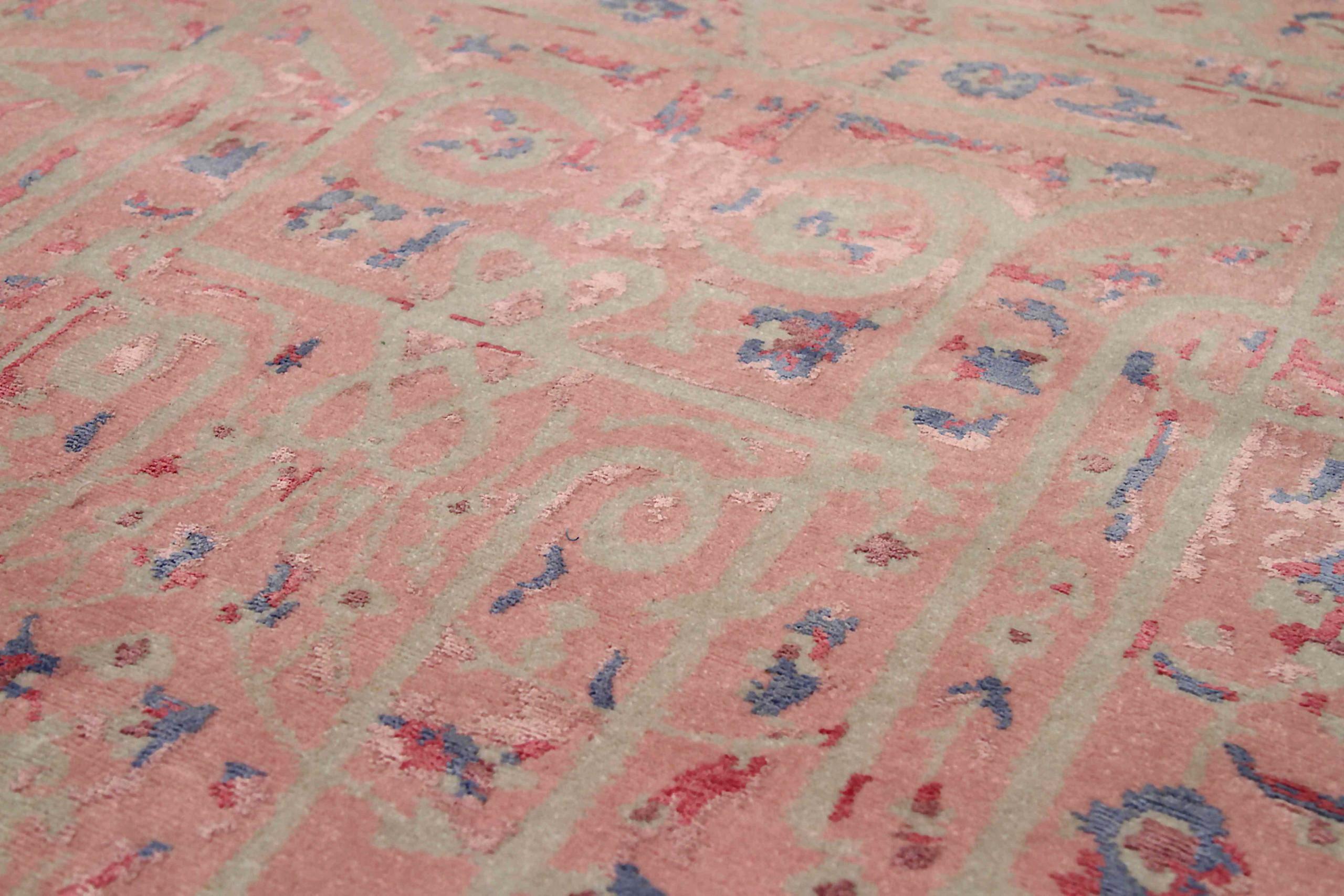 Indiano Tappeto India Small Circa 1990 - Lana Blu Avorio Rosa Design - 90681 in vendita