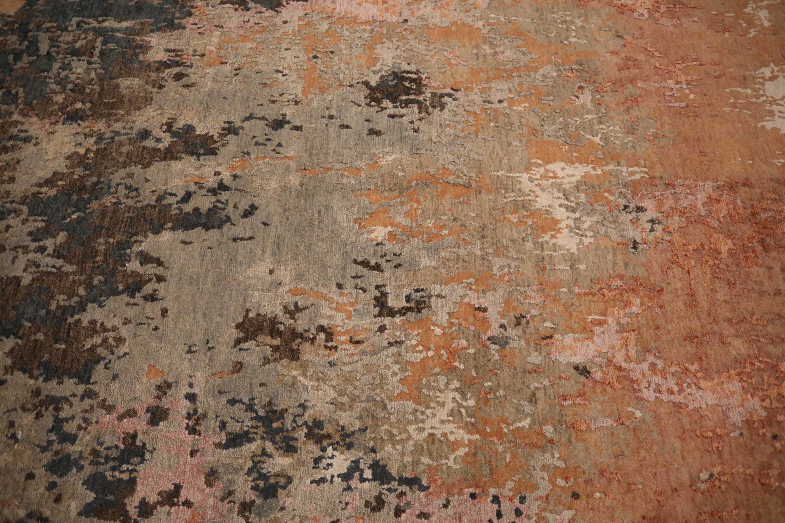 Modern India Small Rug Circa 1990 - Wool Brown Green Ivory Orange Pink Design - 91689 For Sale