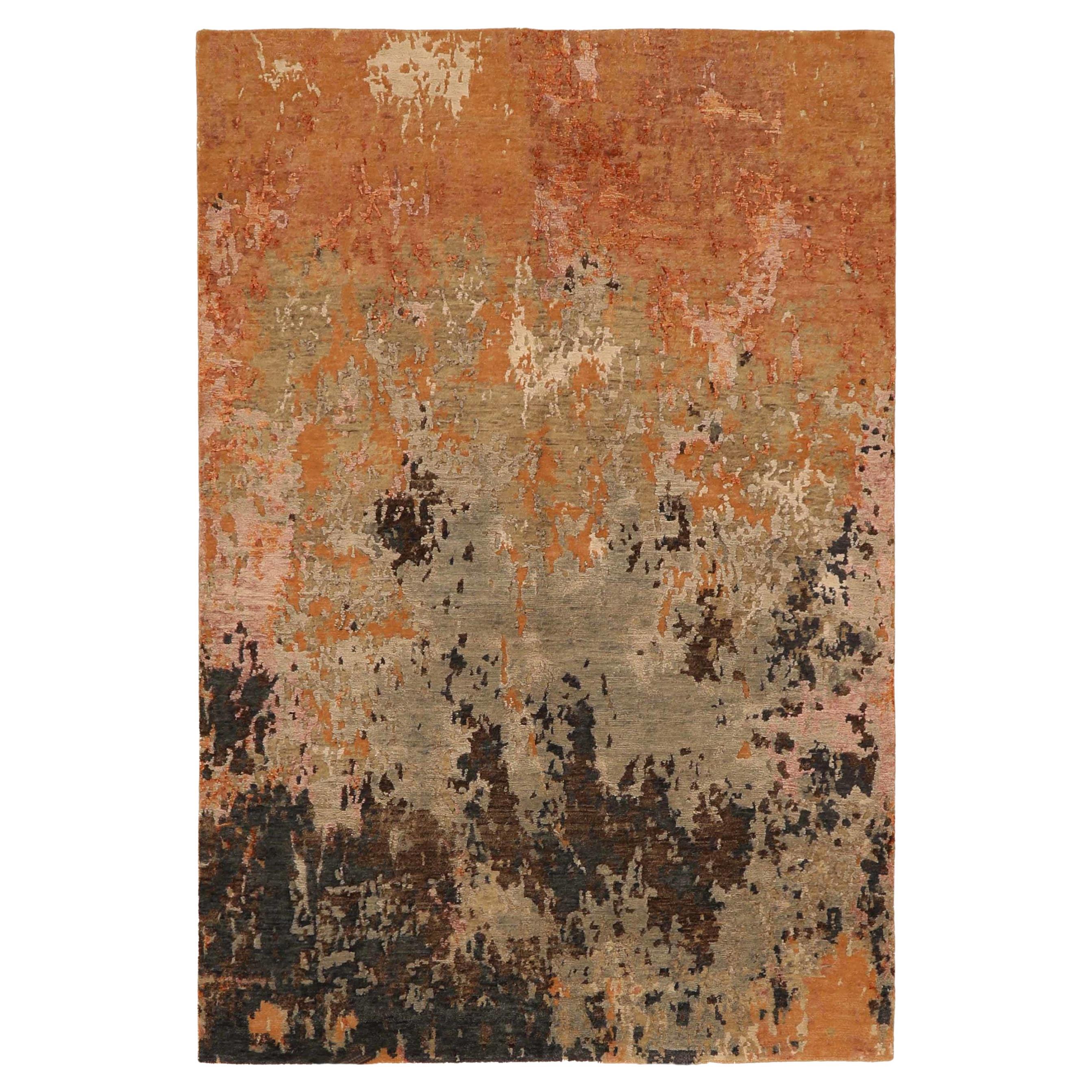 India Small Rug Circa 1990 - Wool Brown Green Ivory Orange Pink Design - 91689