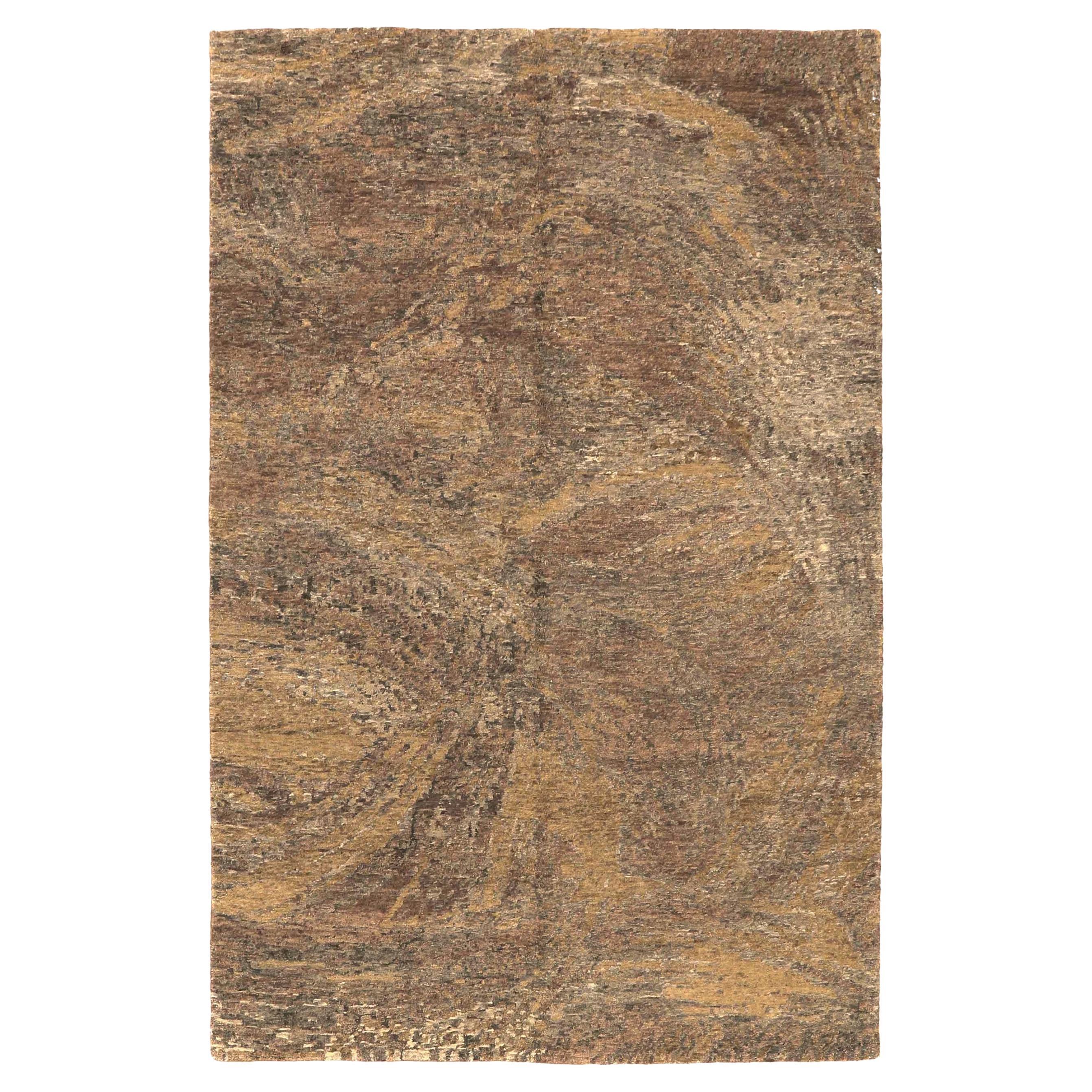 India Small Rug Circa 1990 - Wool Brown Yellow Design - 91675