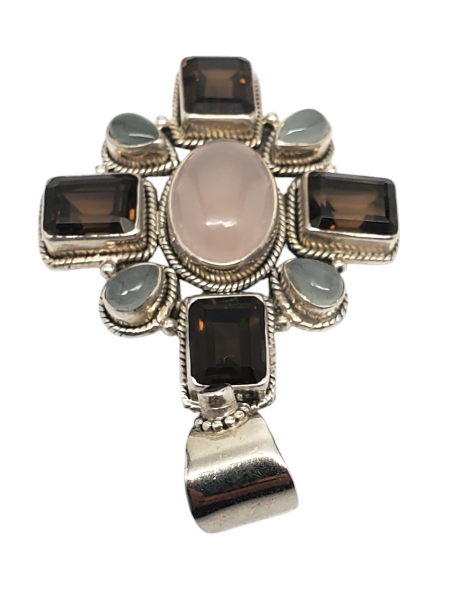 Cabochon India Sterling Silver Rose Quartz Maltese Cross Pendant #20741 For Sale