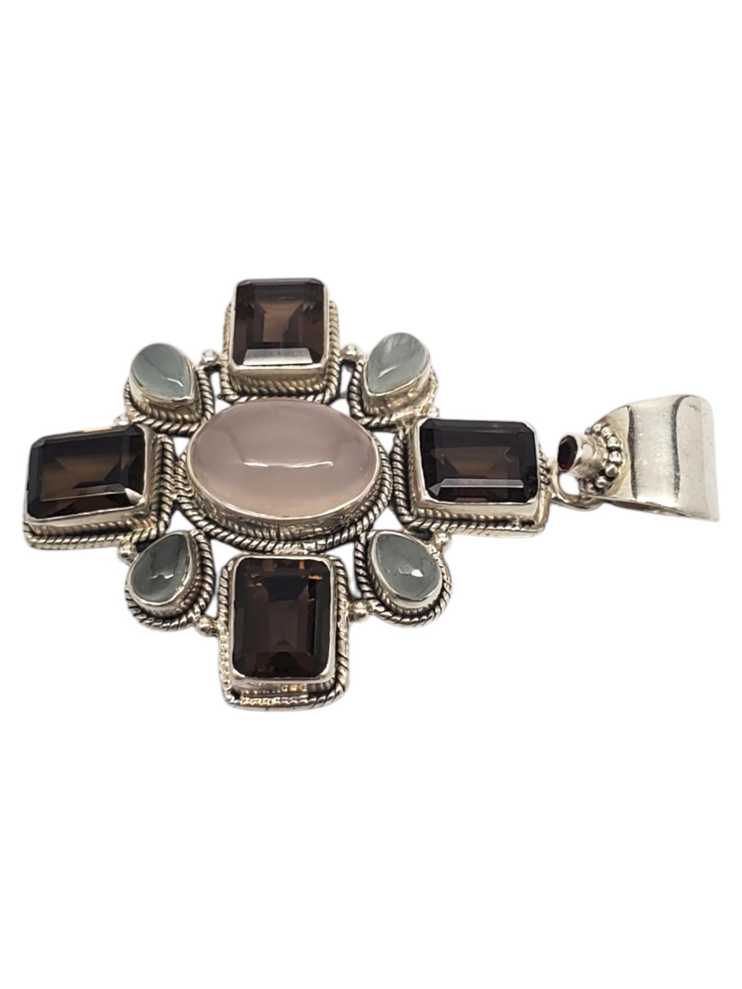 India Sterling Silver Rose Quartz Maltese Cross Pendant #20741 In Good Condition For Sale In Washington Depot, CT