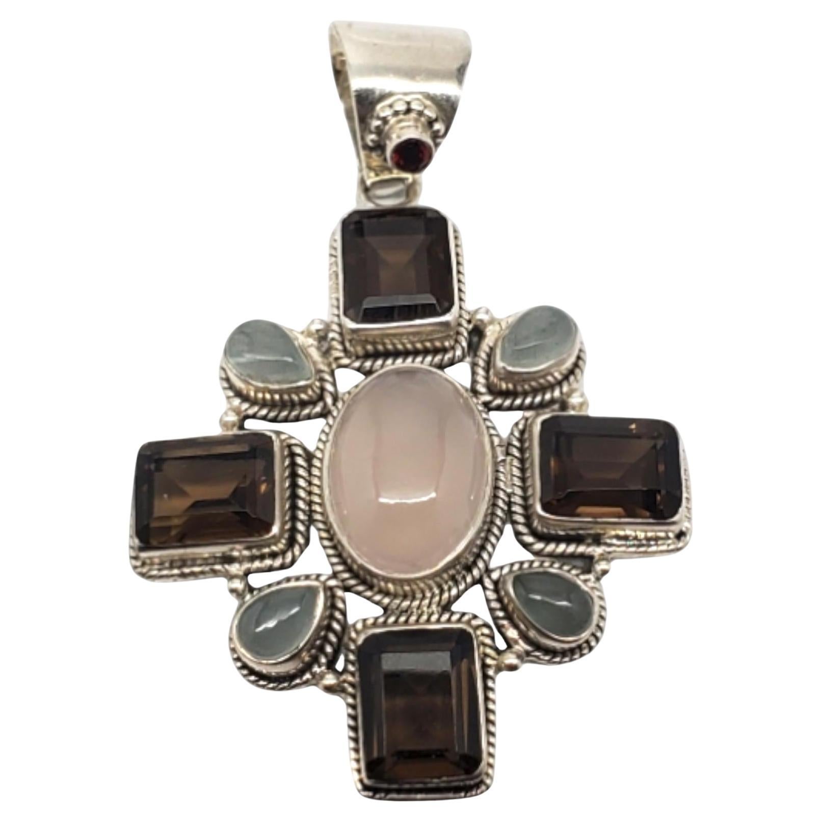 India Sterling Silver Rose Quartz Maltese Cross Pendant #20741 For Sale