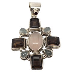 India Sterling Silver Rose Quartz Maltese Cross Pendant #20741