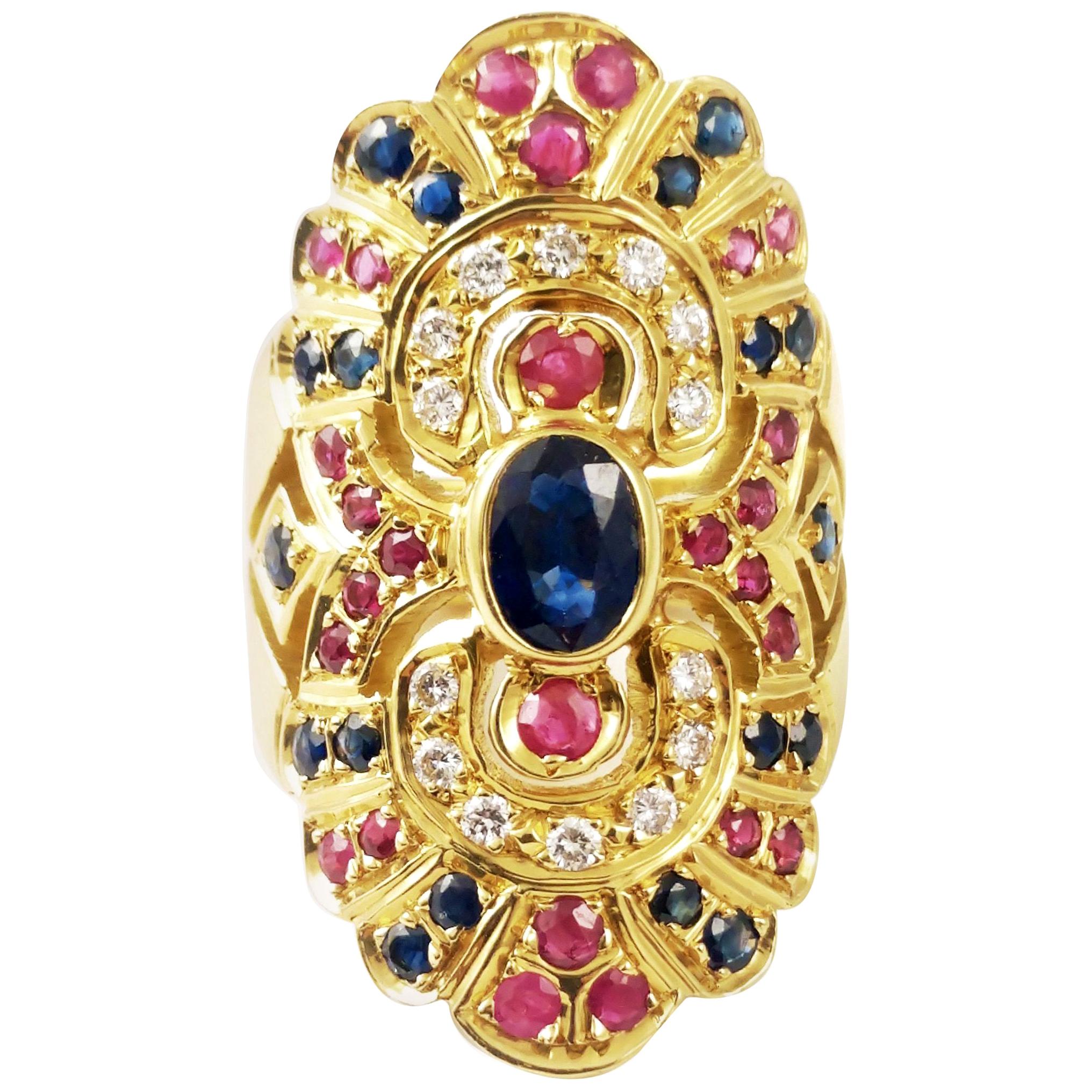 India Style Ring Ruby Sapphire Diamond 18 Karat Indian Traditional Hindu For Sale