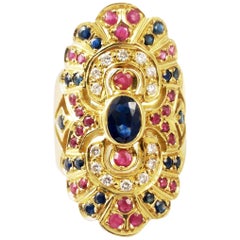 India Style Ring Ruby Sapphire Diamond 18 Karat Indian Traditional Hindu