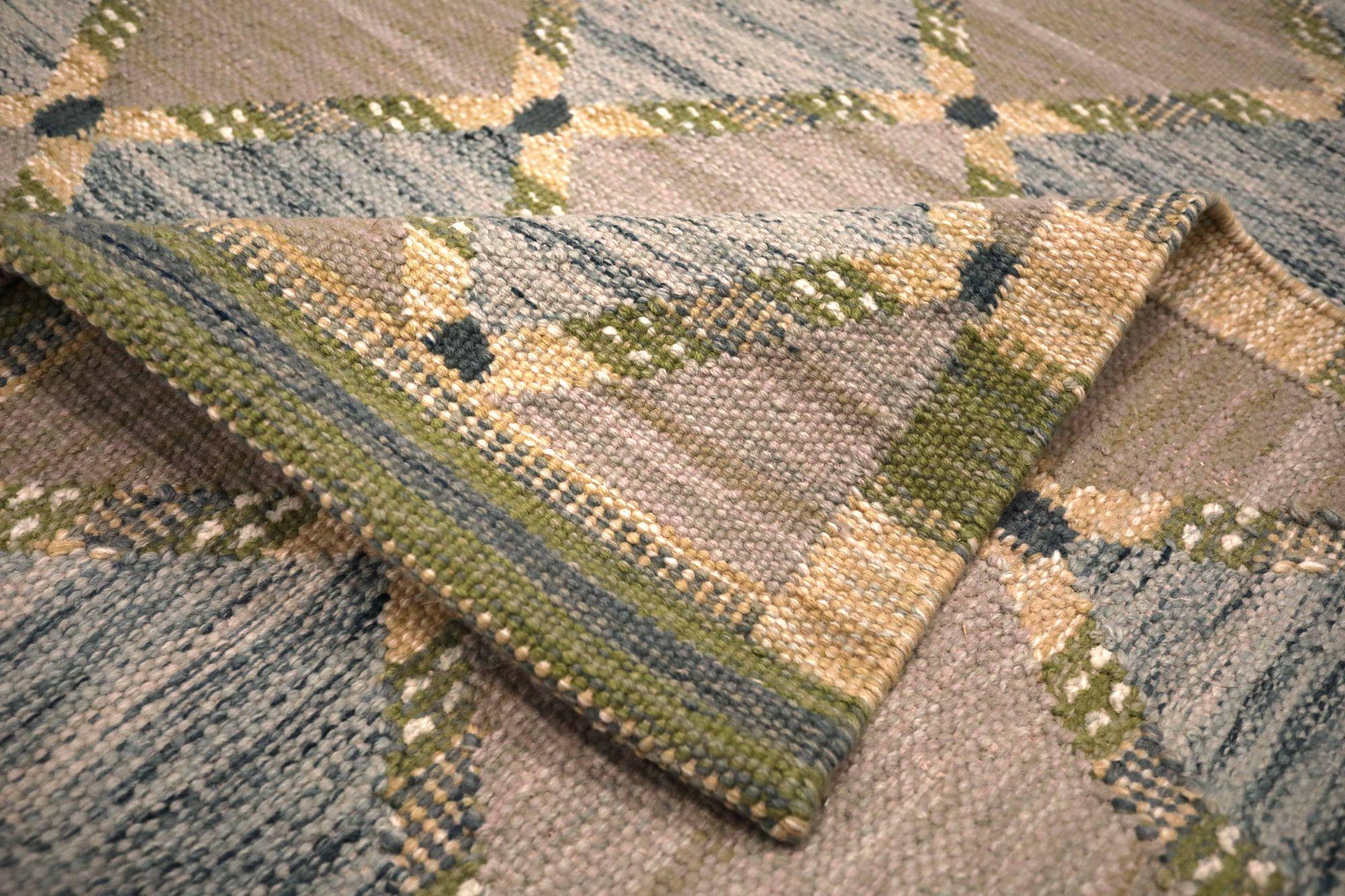 India Swedish Collection Teppiche - Wolle Blau Braun Elfenbein - 93417 im Zustand „Hervorragend“ im Angebot in Dallas, TX