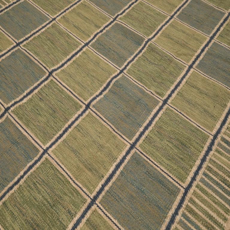 Tissé à la main Tapis de collection suédois - Laine bleu vert ivoire - 96243 en vente
