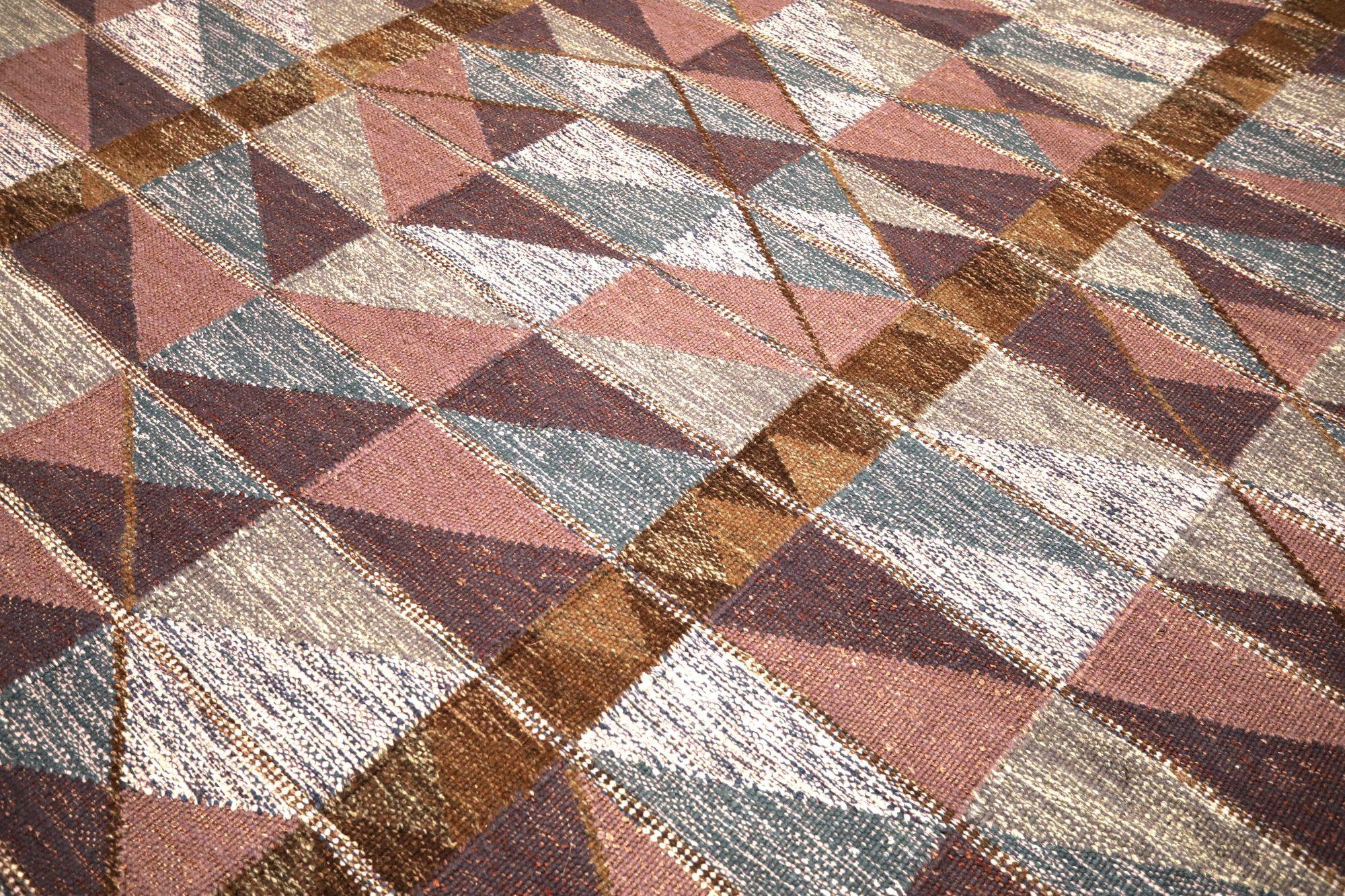 Indien Tapis de collection suédois - Laine bleu ivoire rouge - 93427 en vente
