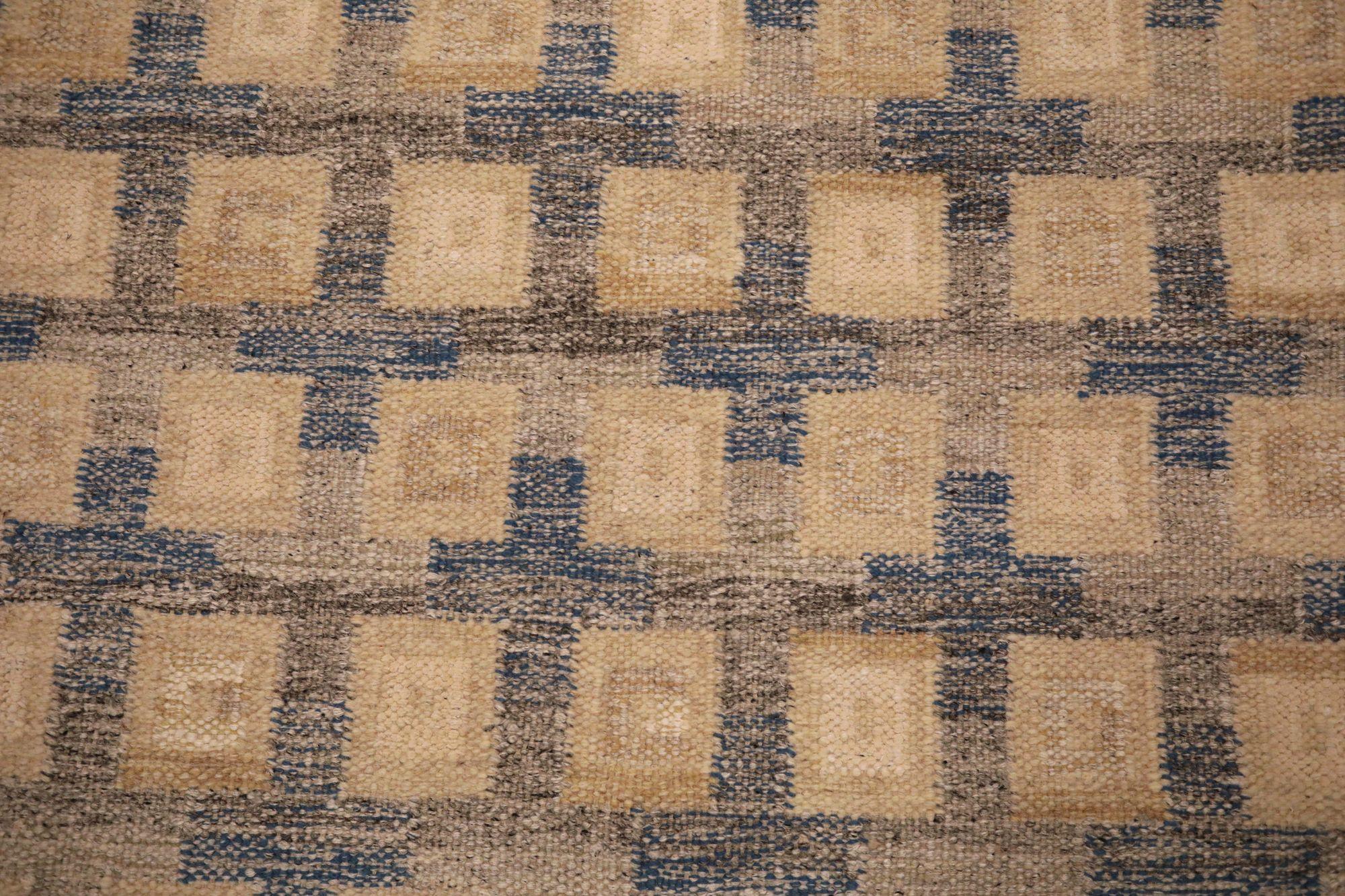 Moderne Tapis de collection suédois - Laine bleu ivoire taupe - 93426 en vente
