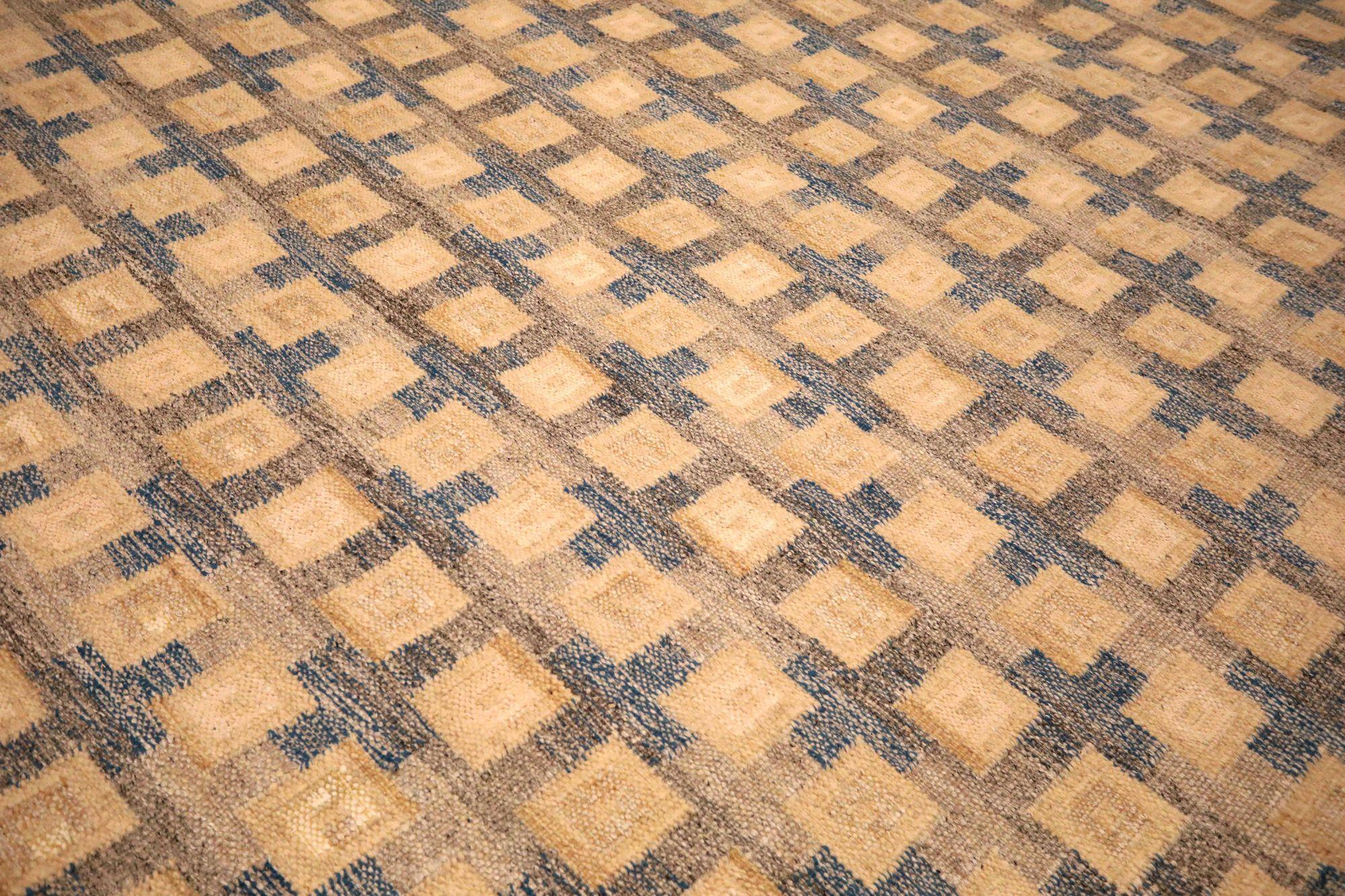 Indien Tapis de collection suédois - Laine bleu ivoire taupe - 93426 en vente