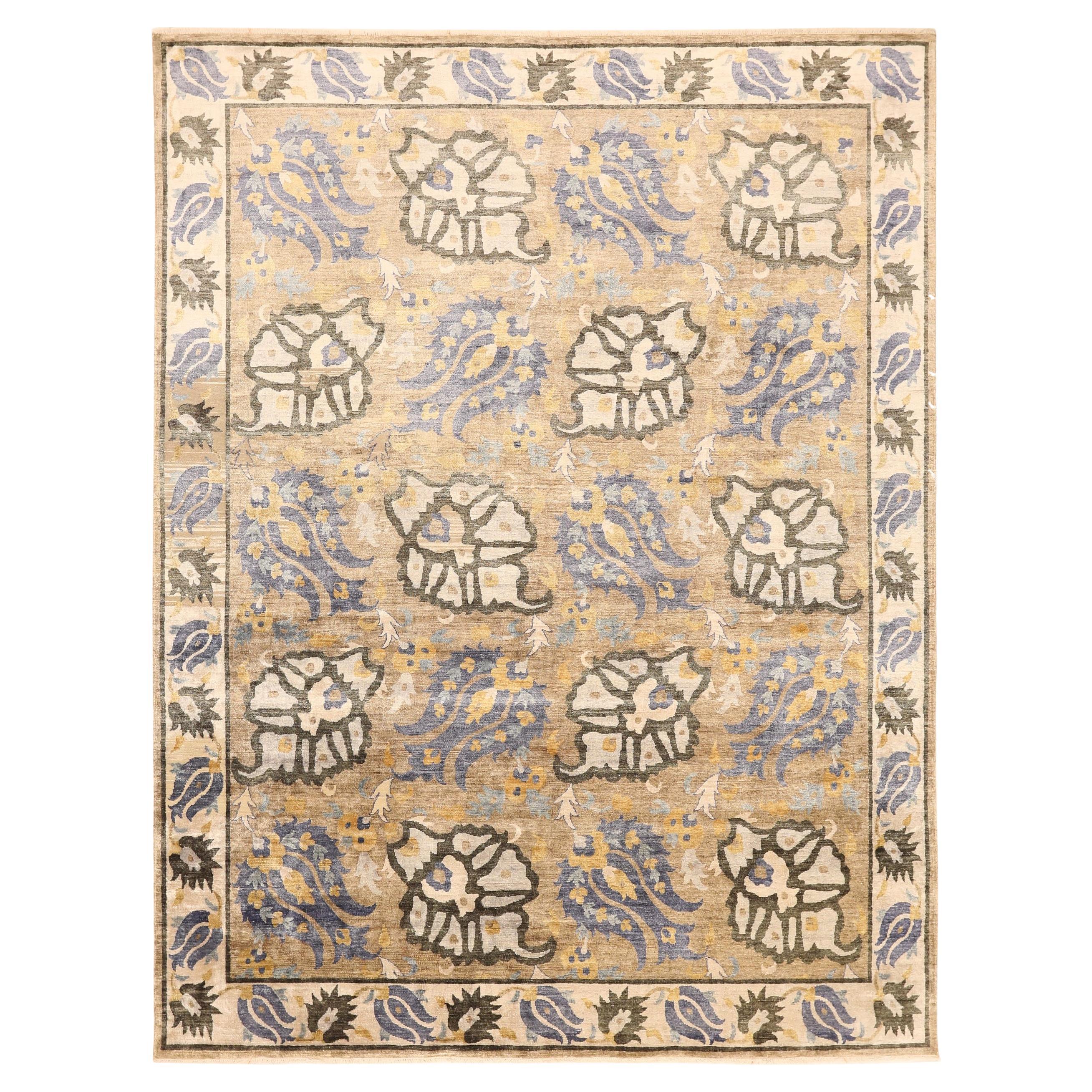 Indien Tabriz Bereich Teppiche - Wolle Blau Braun Elfenbein Design - 93845 im Angebot