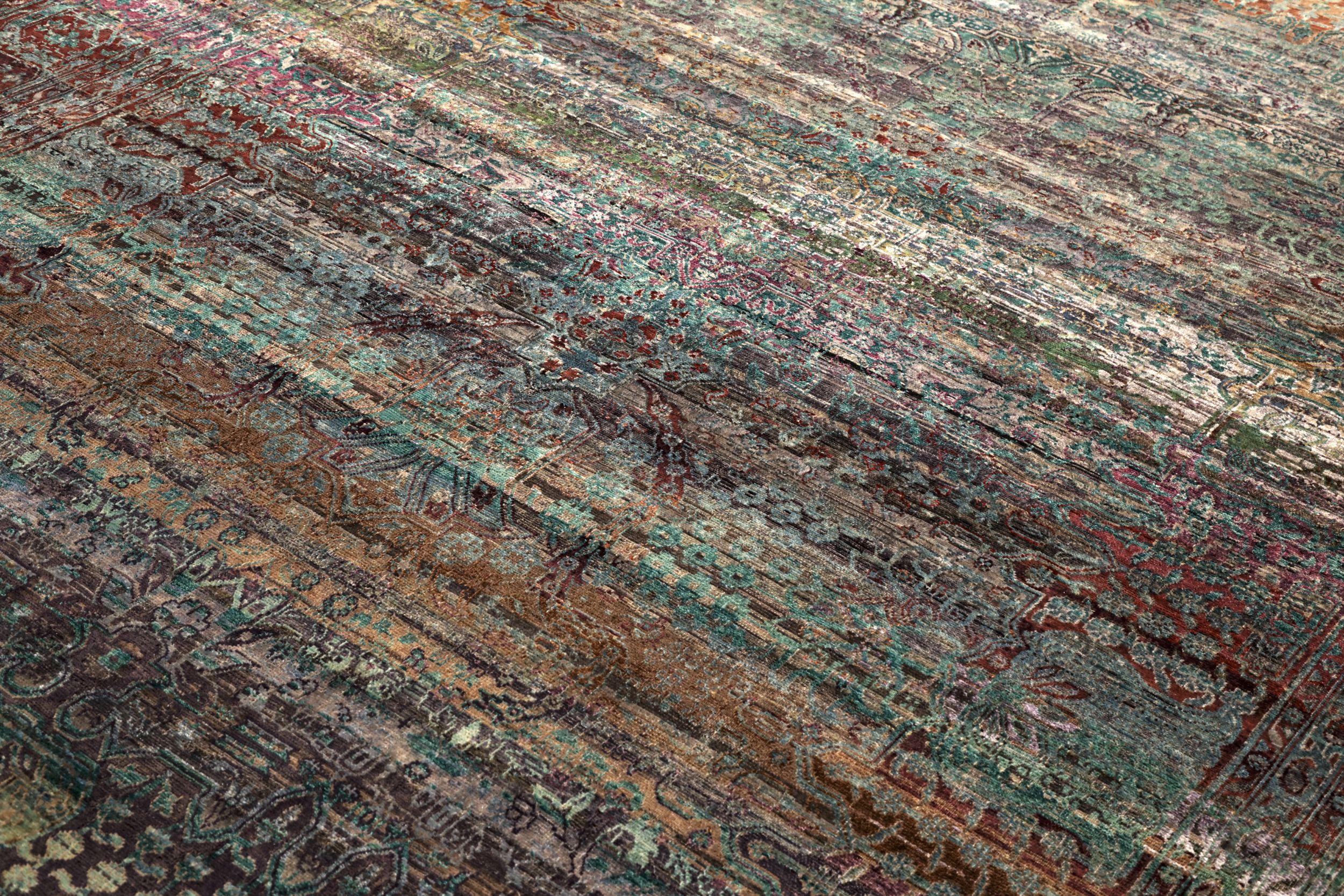Modern India Tabriz Area Rugs - Wool Blue Green Ivory Orange Red - 94165 For Sale