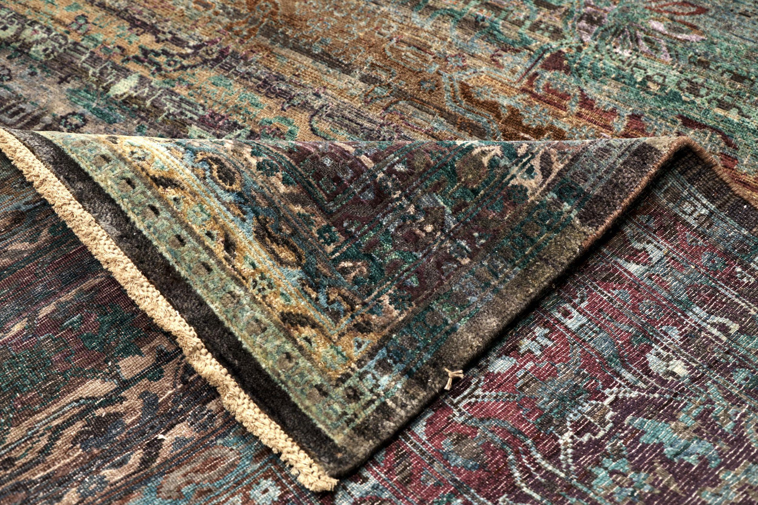 Indian India Tabriz Area Rugs - Wool Blue Green Ivory Orange Red - 94165 For Sale