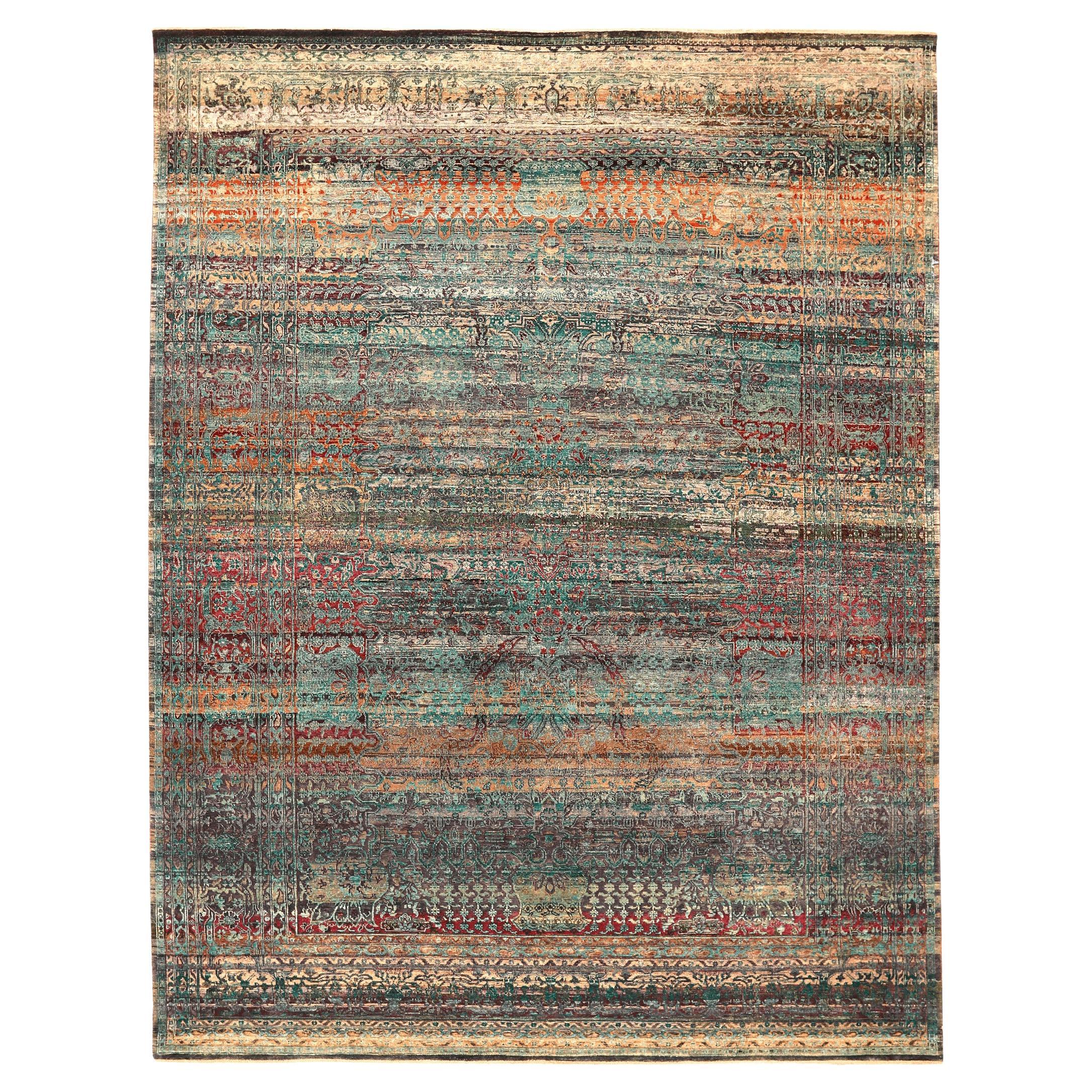 India Tabriz Area Rugs - Wool Blue Green Ivory Orange Red - 94165 For Sale