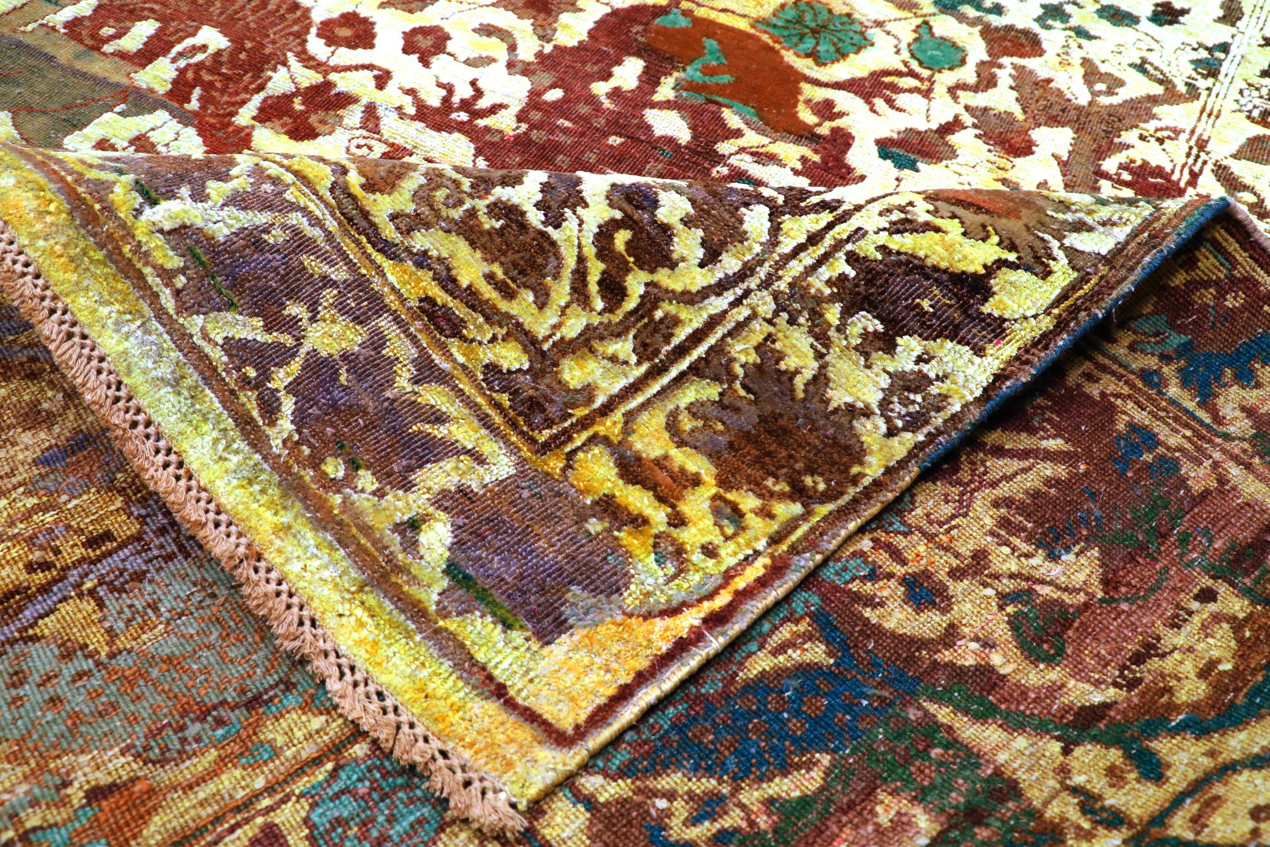 Indian India Tabriz Area Rugs - Wool Brown Ivory Yellow Design - 94123 For Sale