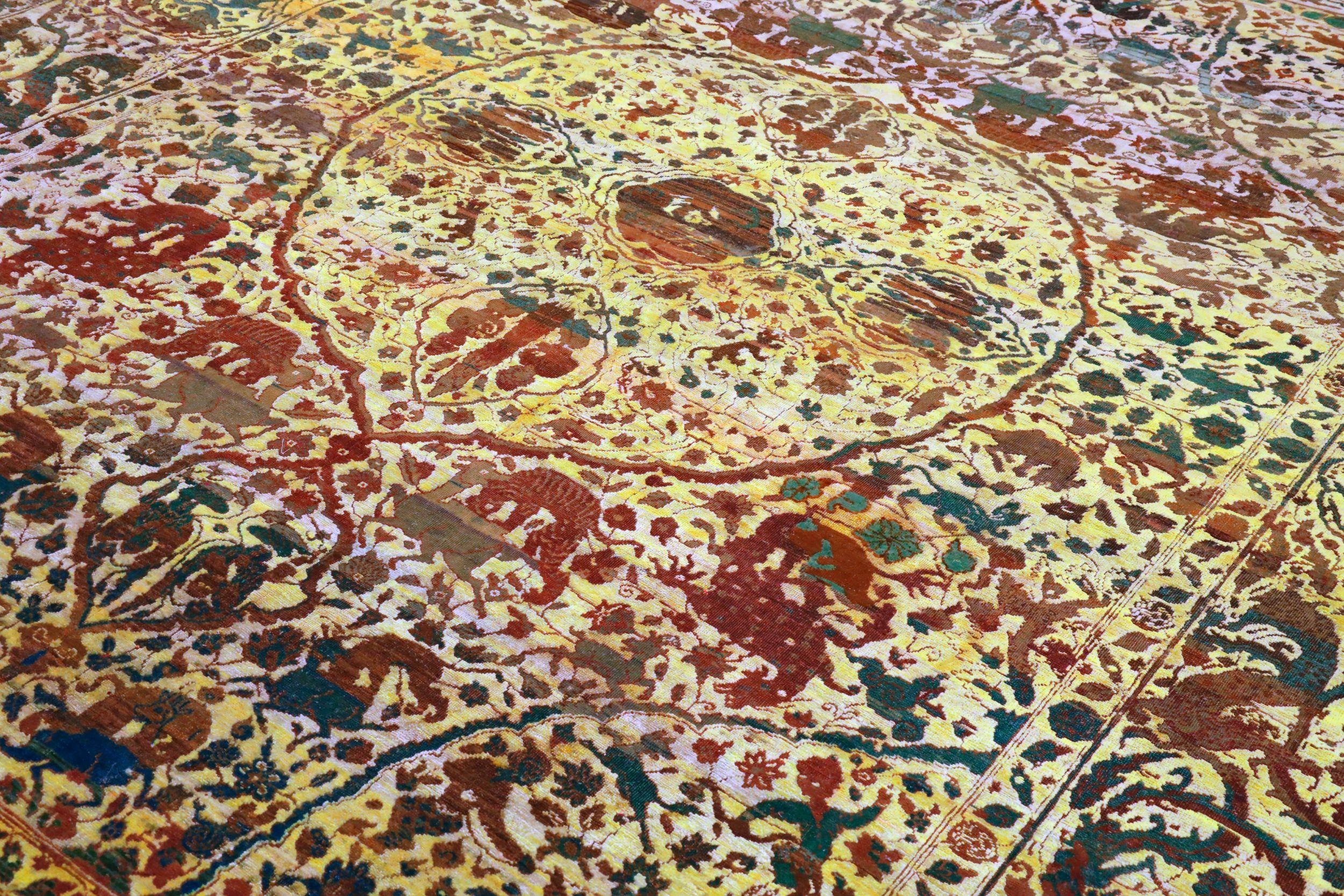 Hand-Knotted India Tabriz Area Rugs - Wool Brown Ivory Yellow Design - 94123 For Sale