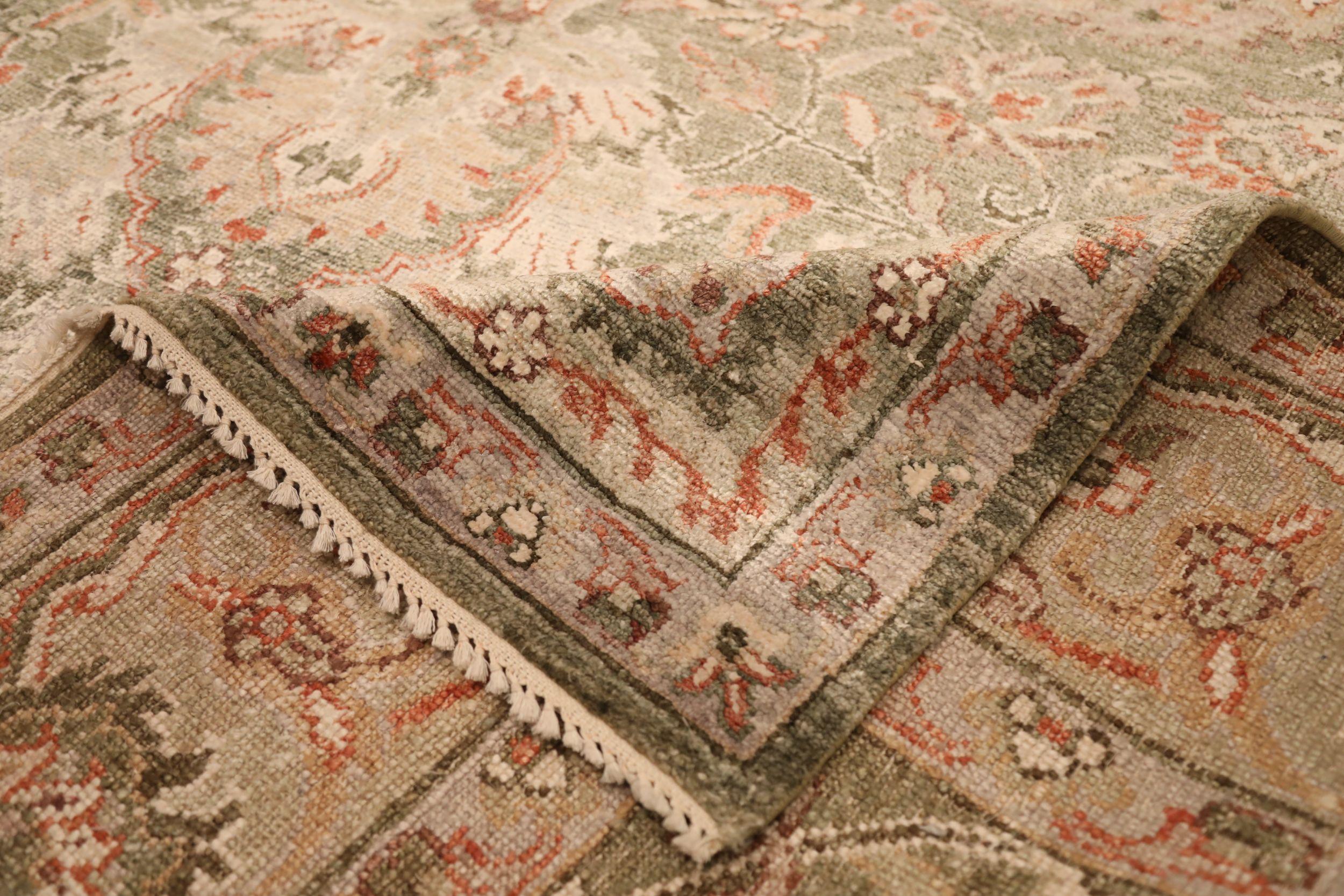 Indien Tapis de Tabriz en laine vert ivoire rouge motif - 93833 en vente