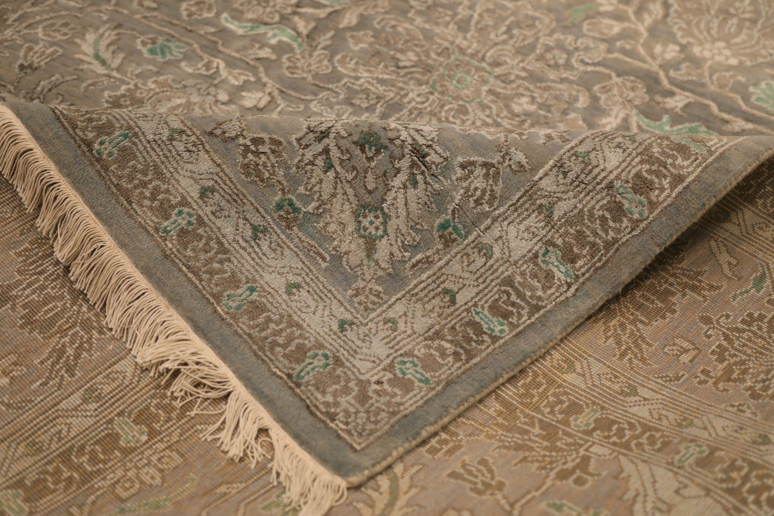 Indien Tapis de Tabriz en laine vert ivoire taupe motif indien - 93846 en vente