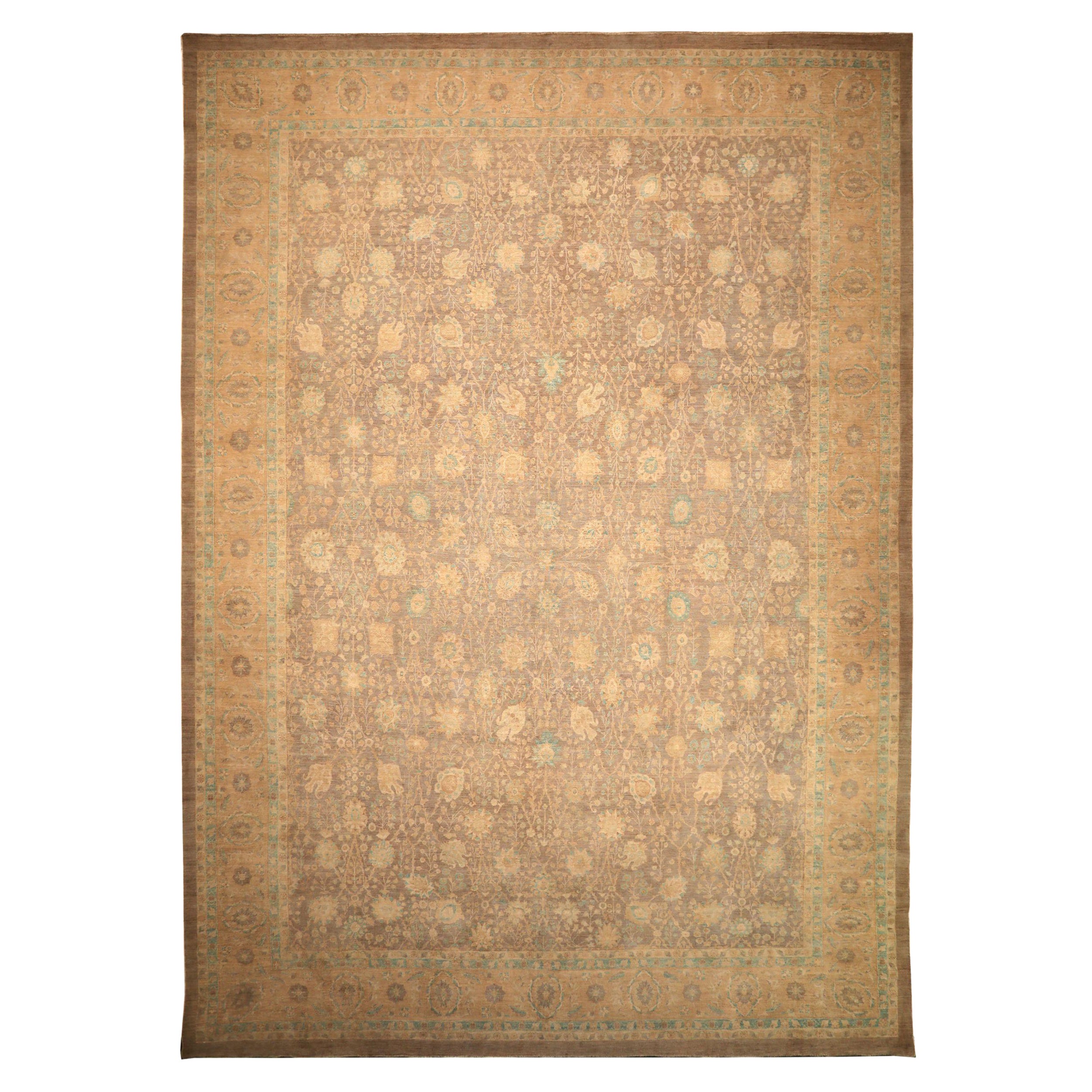 India Tabriz Over Size Rug - Wool Brown Ivory Design - 93864