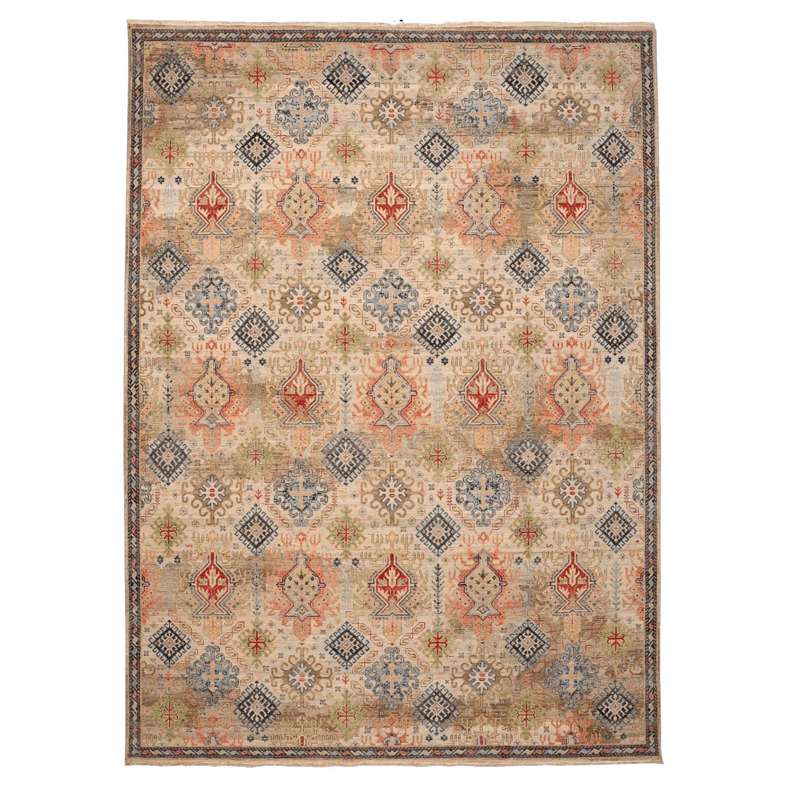 Indische Übergangsteppiche - Wolle Grün Elfenbein Rosa Design - 96546 im Angebot