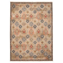 Tapis de laine vert ivoire rose de style transitionnel indien - 96546