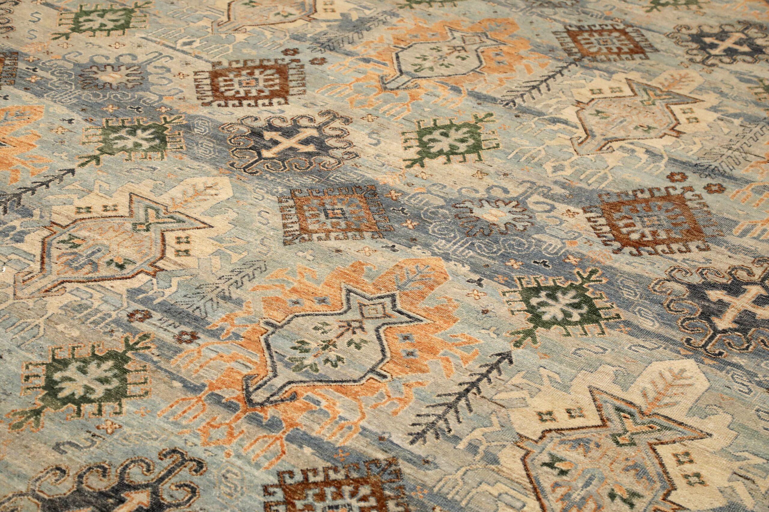 Moderne Tapis transitionnel Inde - Laine bleu gris orange - 96569 en vente