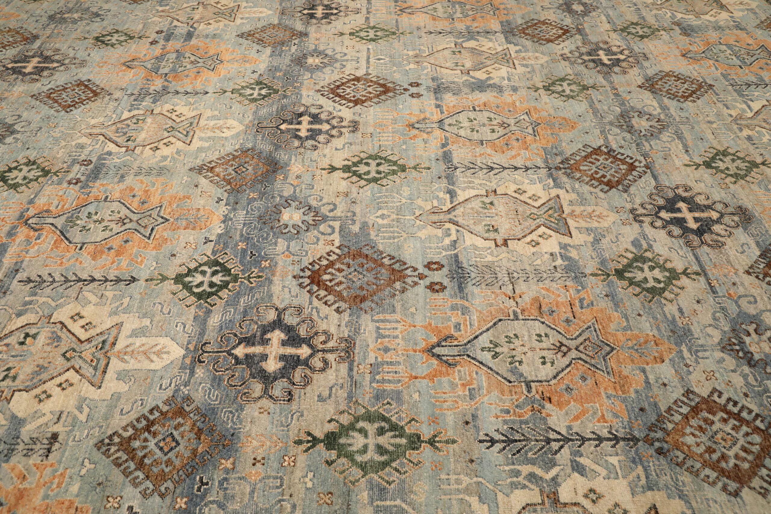Tapis transitionnel Inde - Laine bleu gris orange - 96569 Excellent état - En vente à Dallas, TX
