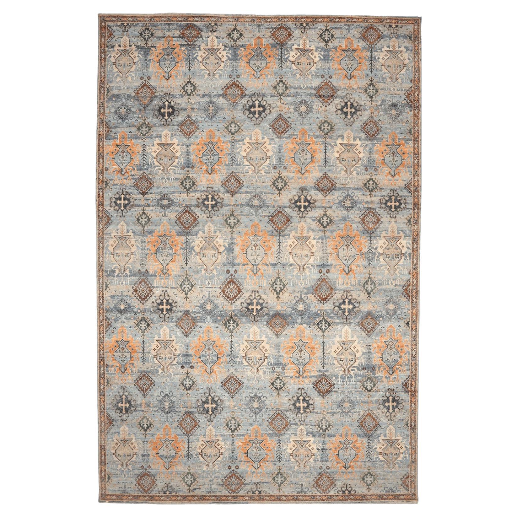 Tapis transitionnel Inde - Laine bleu gris orange - 96569 en vente