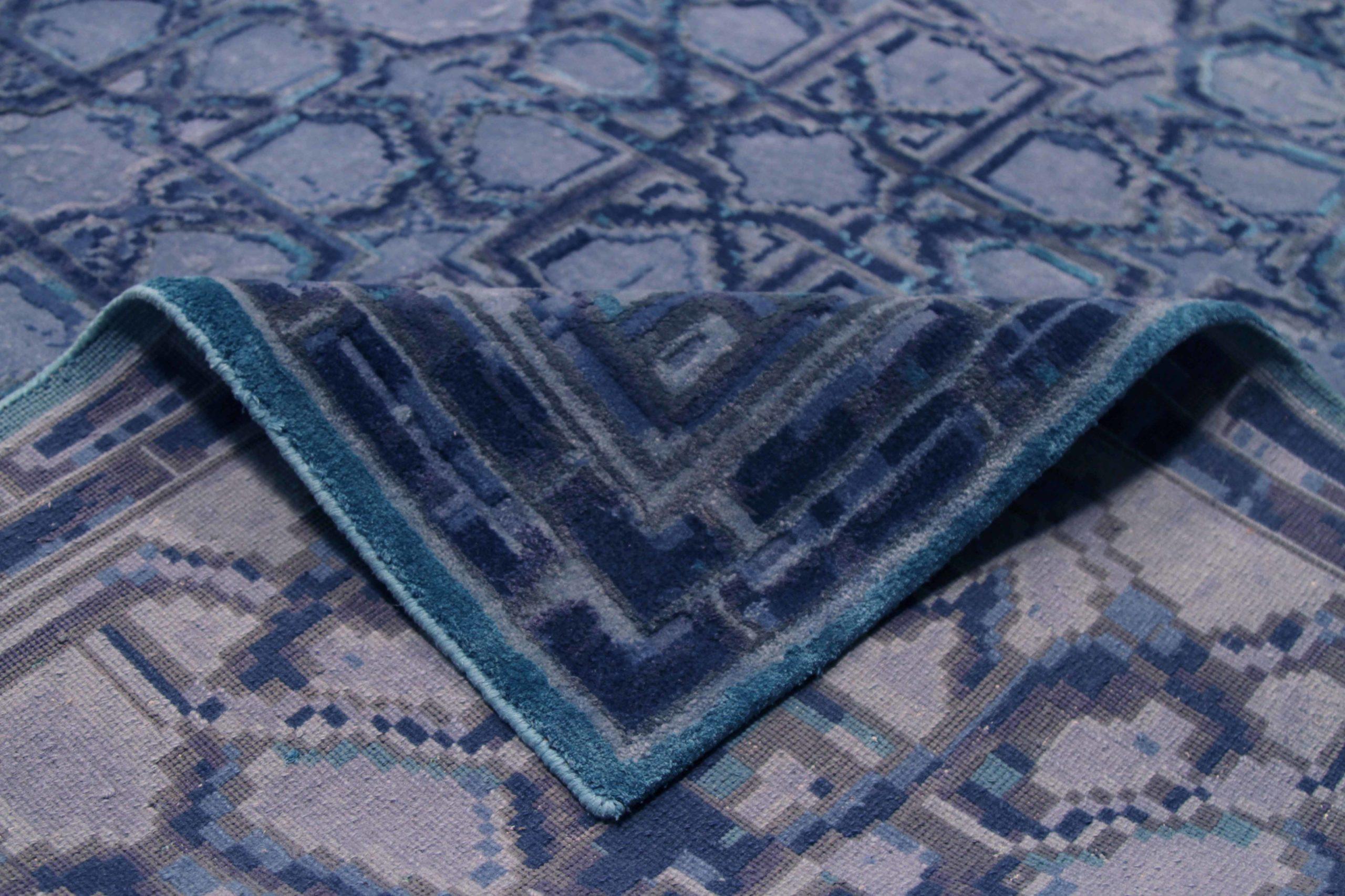 Tappeto India Vitadvice Over Size Circa 1990 - Lana Blu Navy Blue Design - 91786 In condizioni ottime in vendita a Dallas, TX