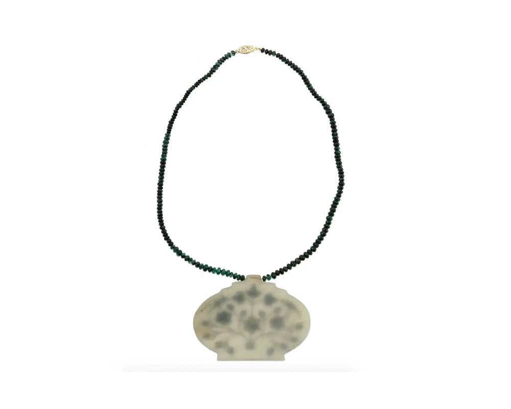 Ball Cut Indian 14K Gold Jade Emerald Bead Diamonds Necklace For Sale