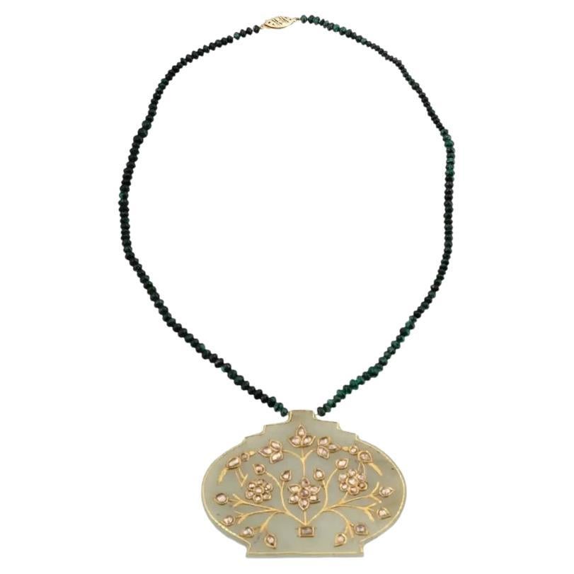 Indian 14K Gold Jade Emerald Bead Diamonds Necklace For Sale