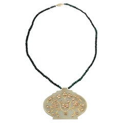Indian 14K Gold Jade Emerald Bead Diamonds Necklace