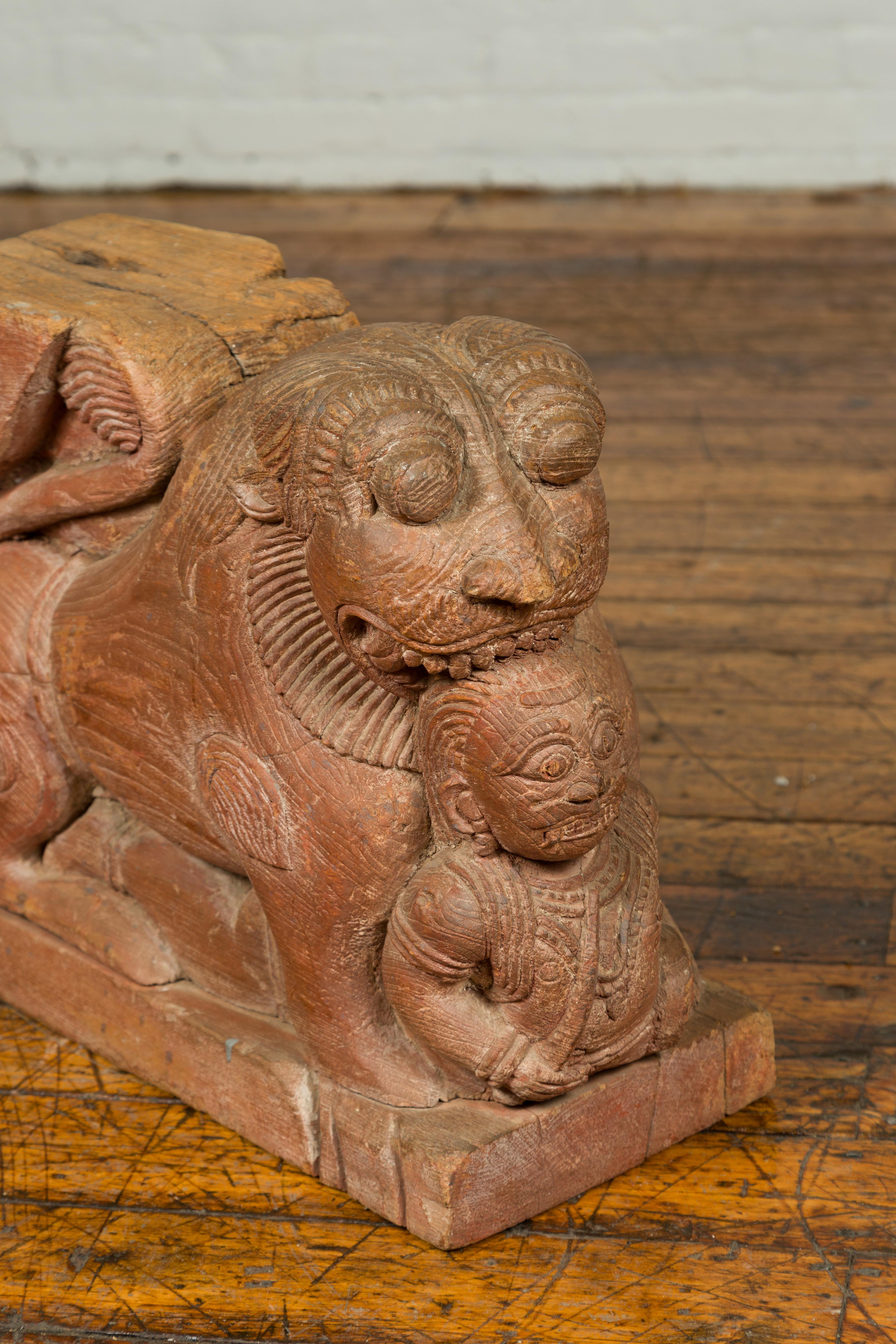 Carved Indian 18th Century Teak Guardian Lion Carving with Traces of Original Paint For Sale