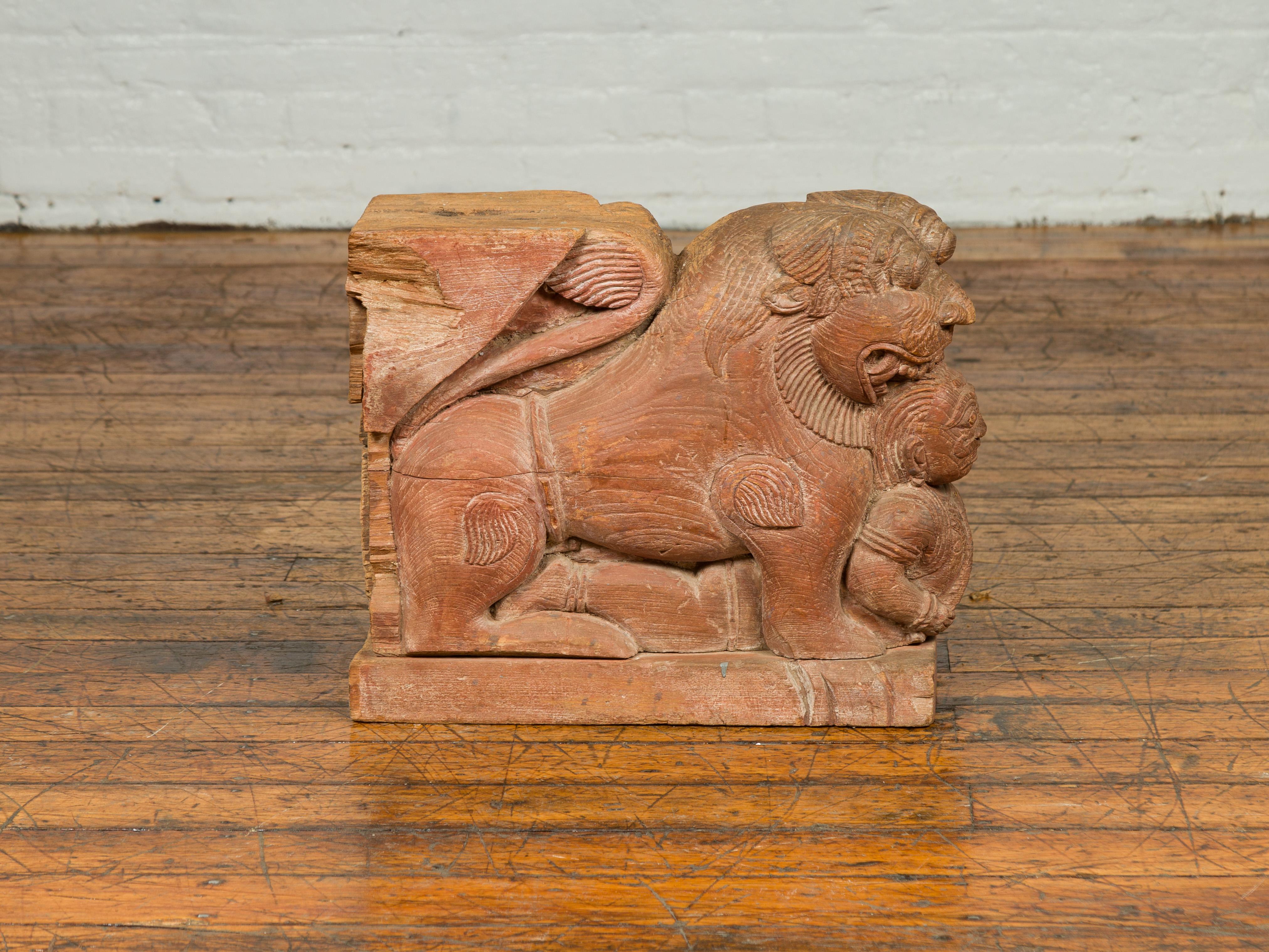 Indian 18th Century Teak Guardian Lion Carving with Traces of Original Paint In Good Condition For Sale In Yonkers, NY