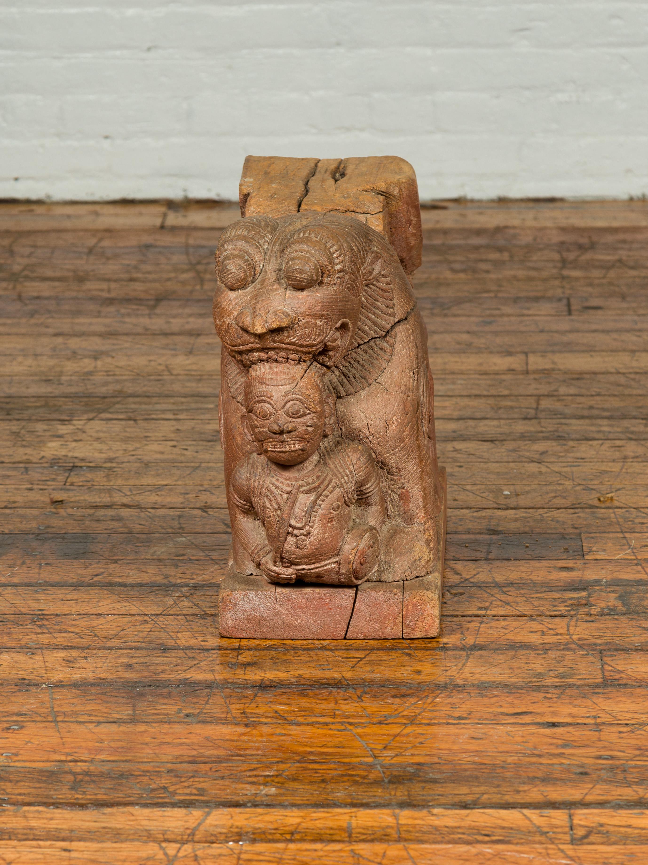 Wood Indian 18th Century Teak Guardian Lion Carving with Traces of Original Paint For Sale