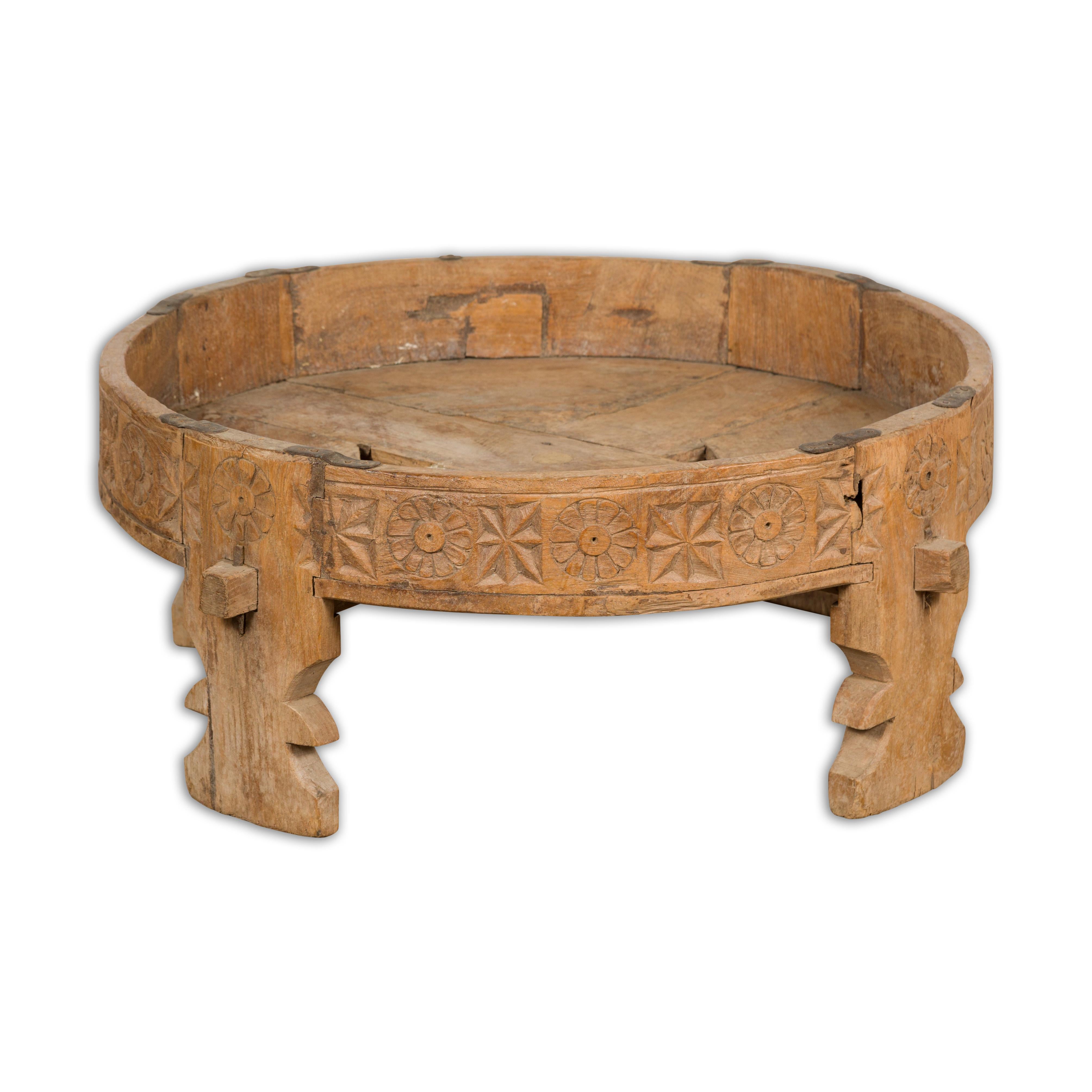 Indian 1920s Teak Chakki Grinding Table with Hand-Carved Geometric Décor For Sale 8